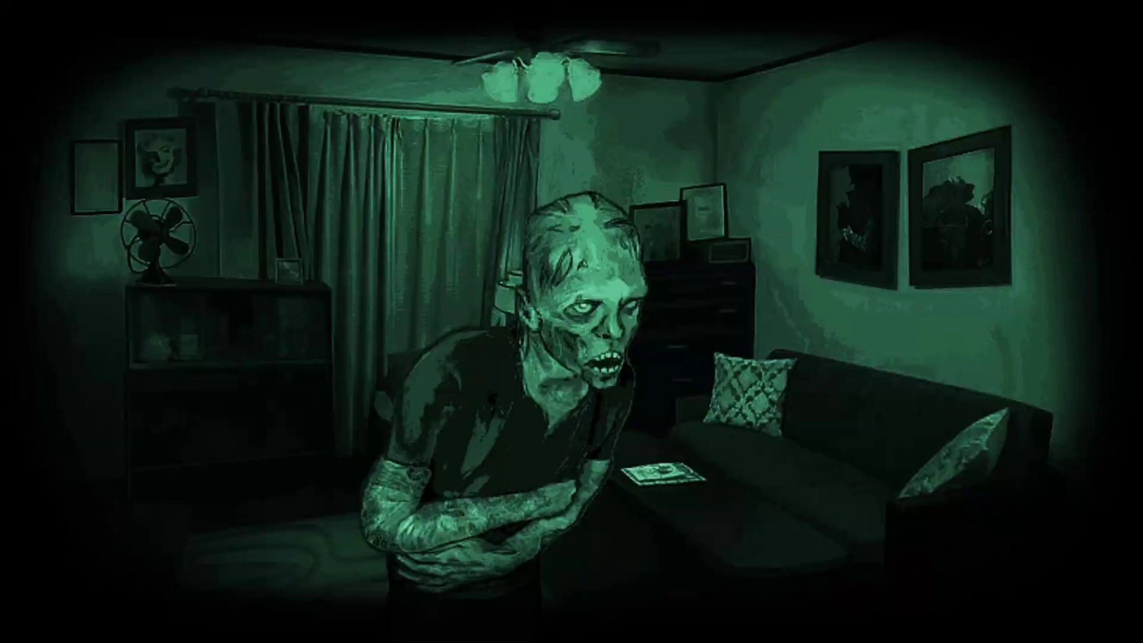 A grotesque humanoid figure leans forward inside a dark living room illuminated by green light in No, I'm Not a Human.