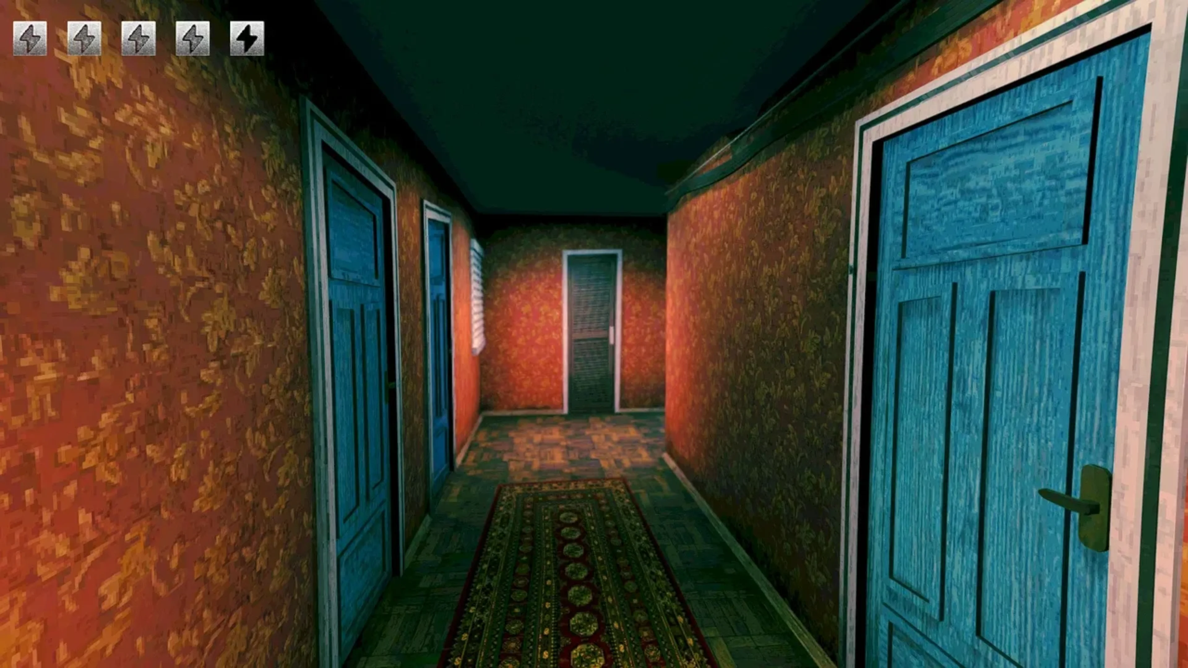 A narrow apartment hallway with peeling orange wallpaper, blue doors and a patterned carpet in No, I'm Not a Human.