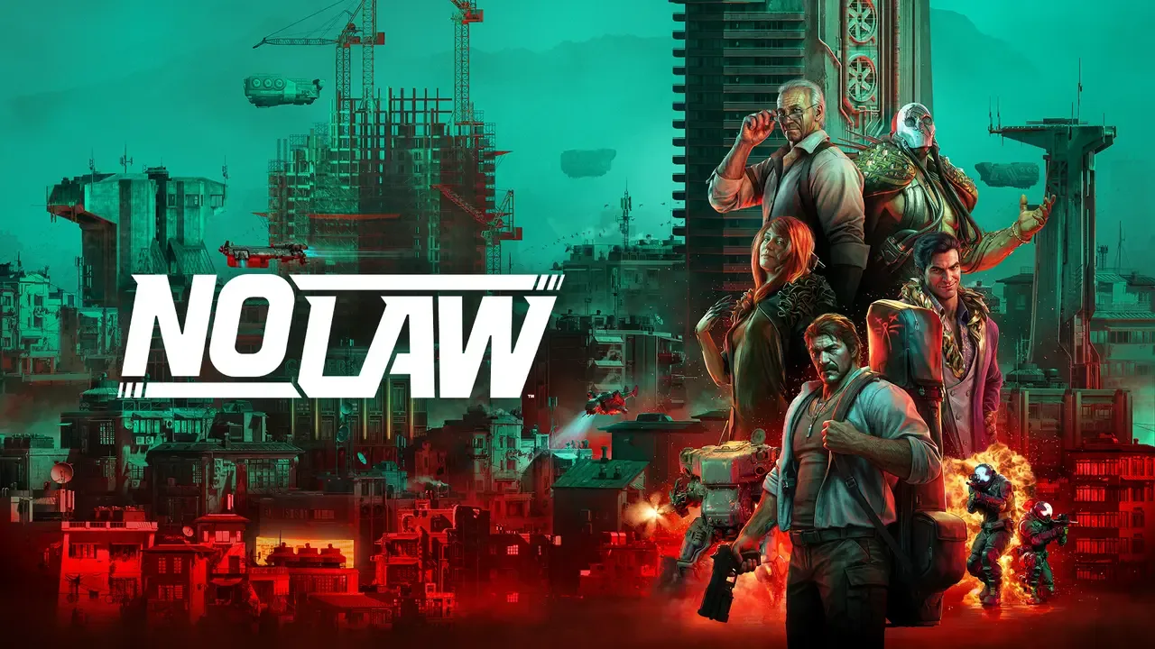 The main characters of NO LAW overlooking the futuristic cyber-noir city of Port Desire.