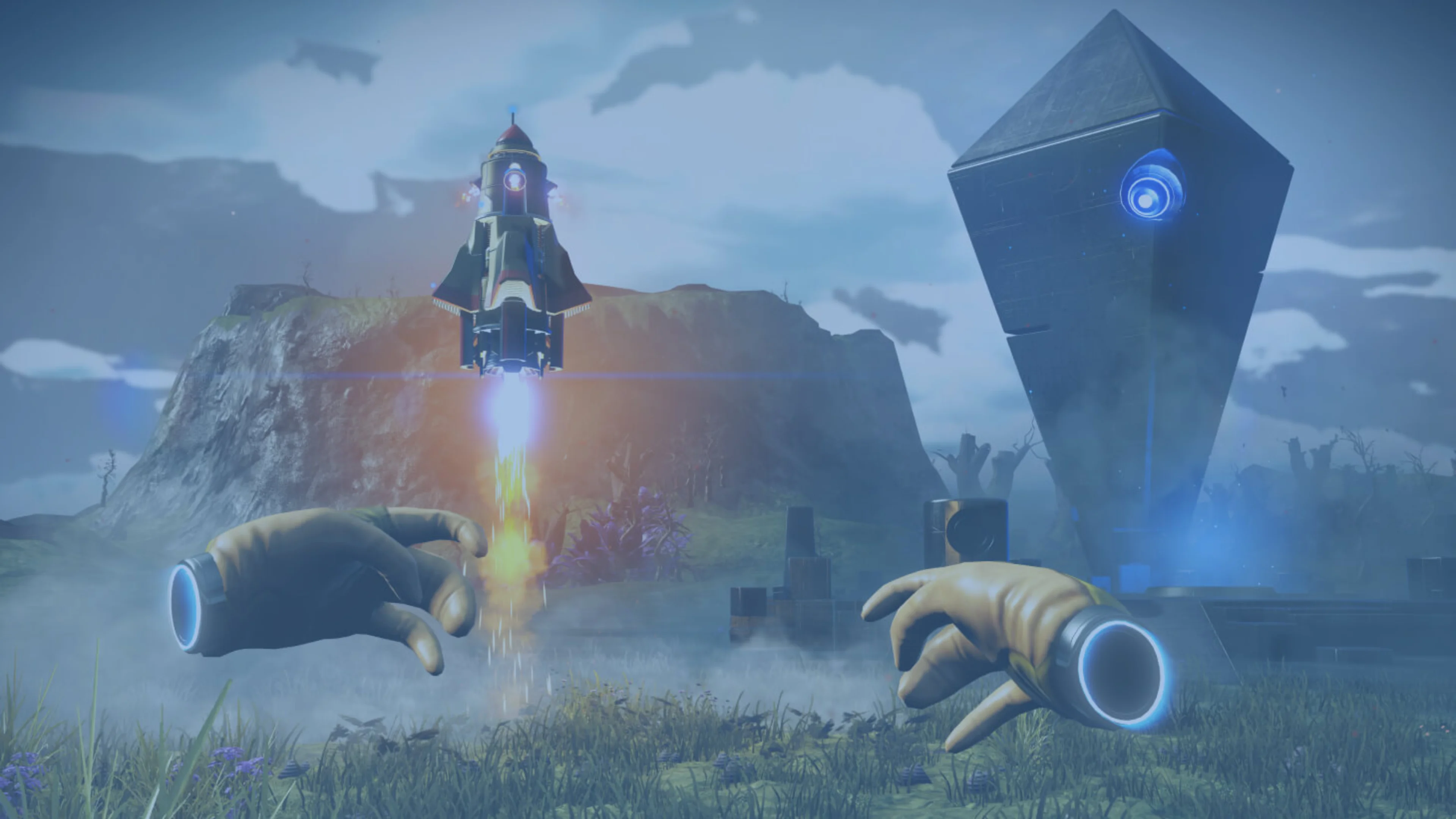 A rocket launches beside a towering black alien monolith while a No Man's Sky explorer's gloved hands appear in first person.