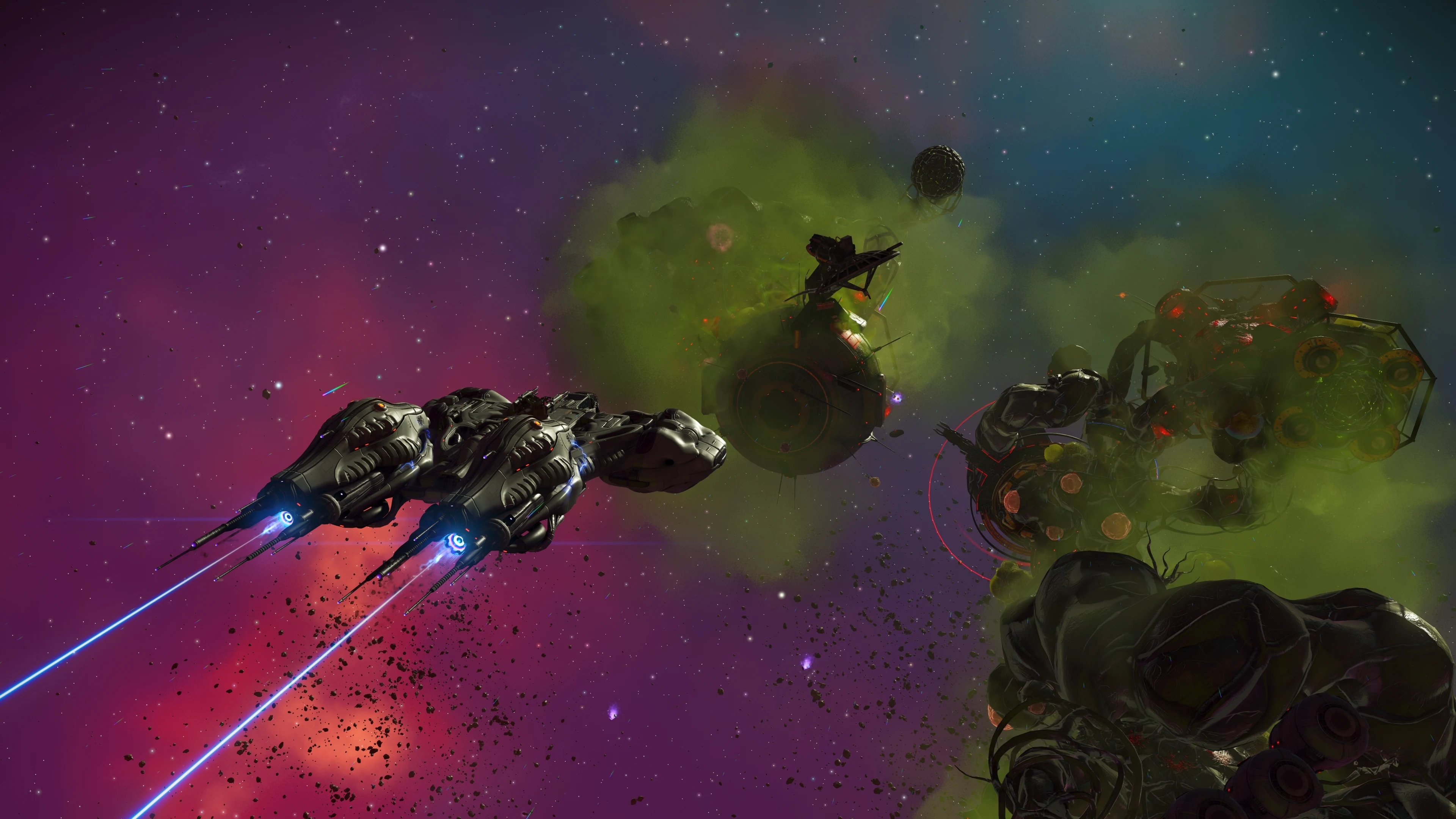 A spacecraft flies past a massive alien structure surrounded by green gas clouds and debris against a colorful starfield in No Man’s Sky.
