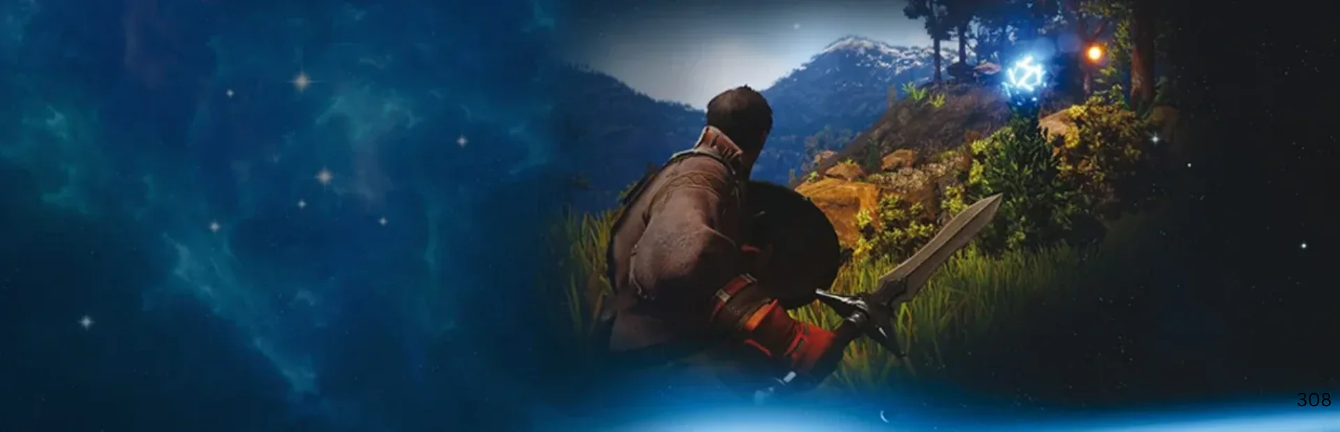 Novus Inceptio character exploring a mountainous survival environment with a sword and shield.