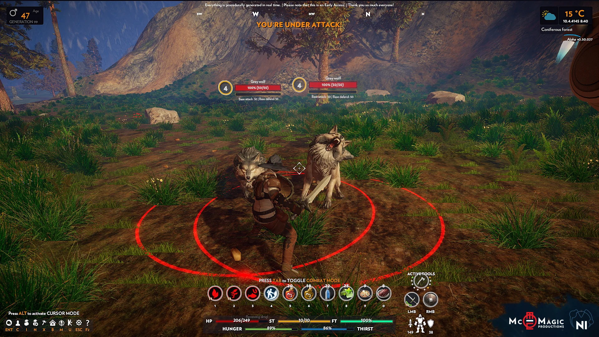 Novus Inceptio player fighting two grey wolves in the restored procedural world.