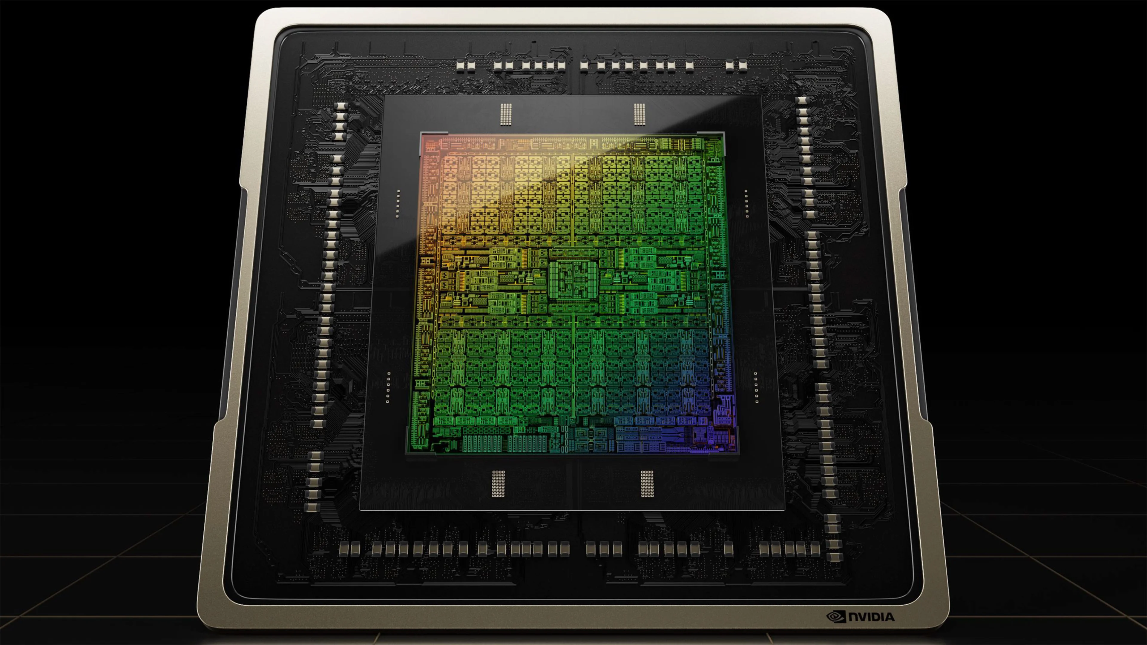 A large Nvidia Blackwell graphics processor is shown with its multicolored silicon die exposed against a black circuit board.