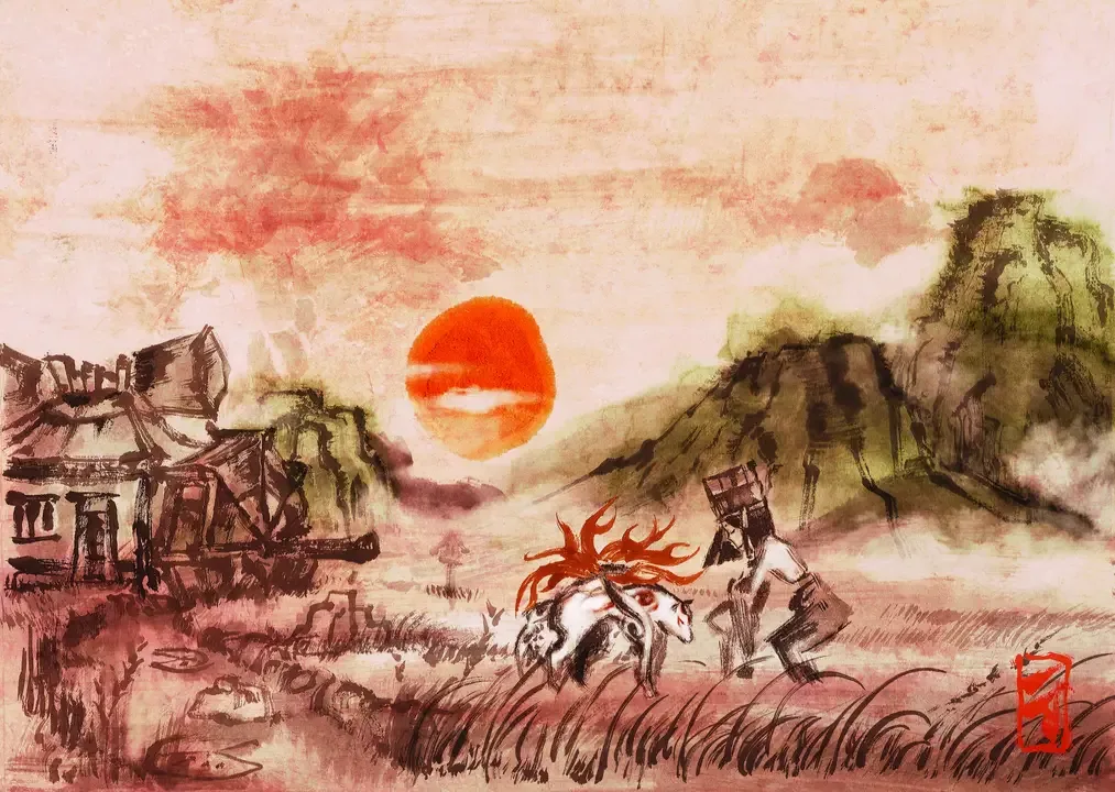 Amaterasu walks beside a traveler through a painted landscape beneath a red setting sun.
