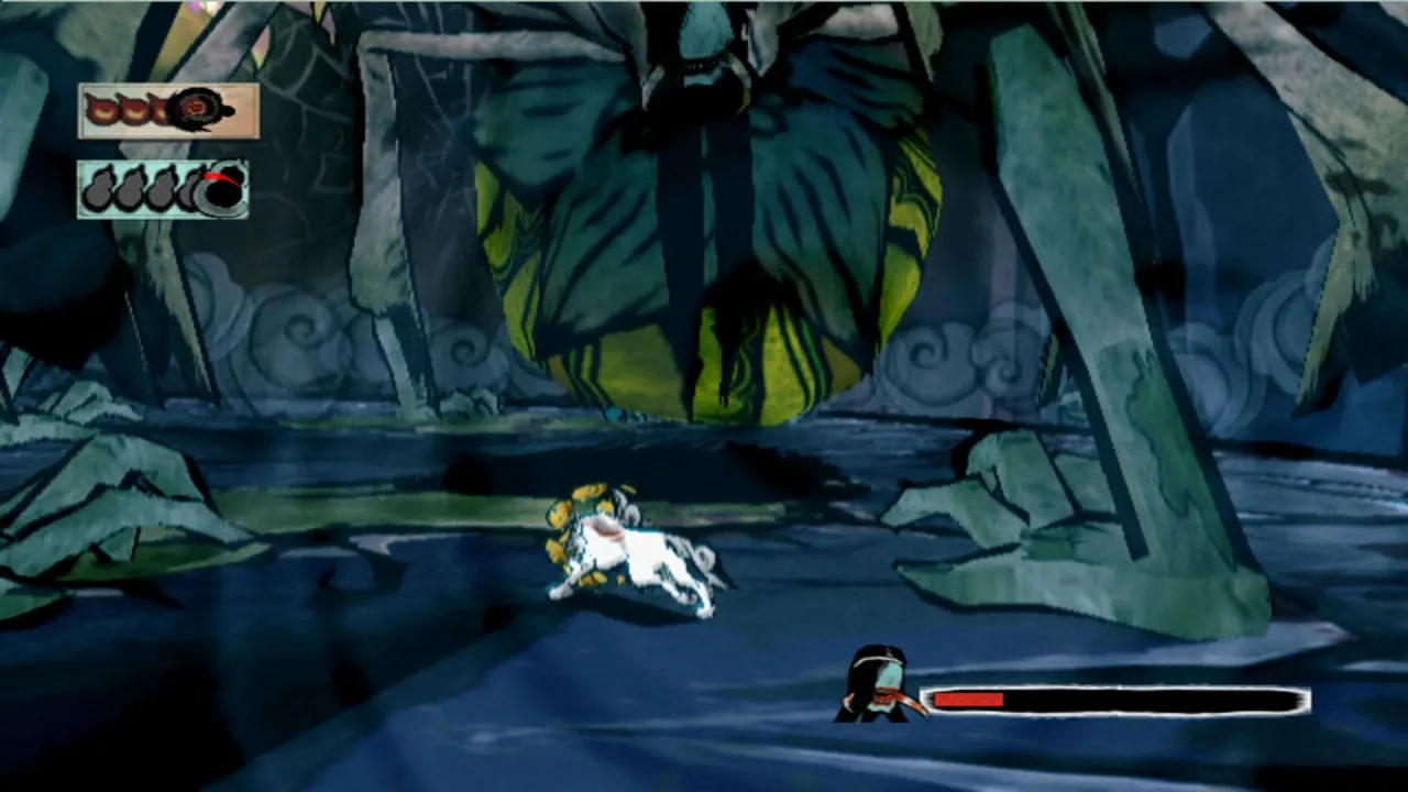 Amaterasu explores a dark stone dungeon with a green-lit doorway ahead in Ōkami.