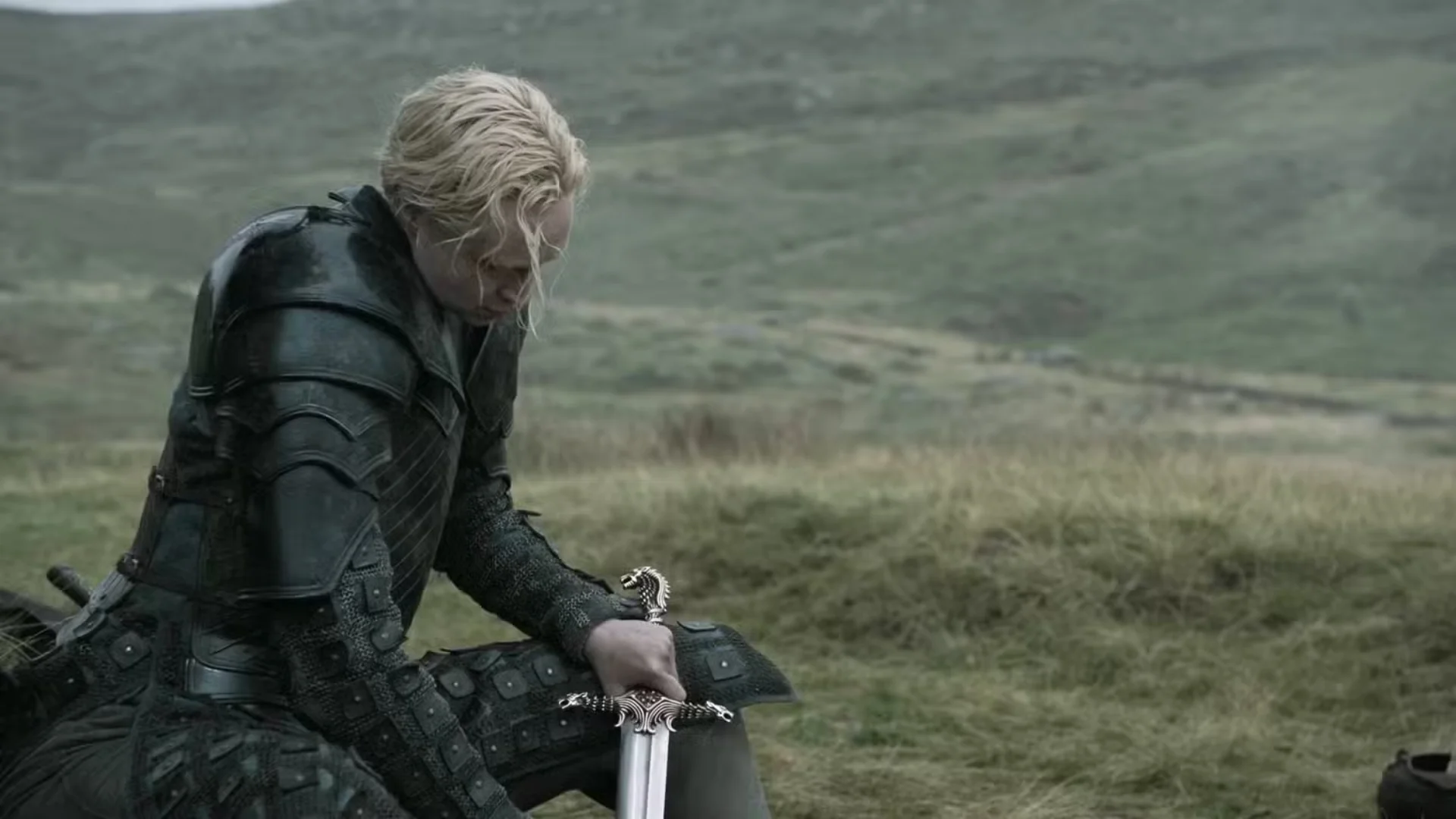 A blond armored warrior kneels in a grassy field while resting both hands on the hilt of a sword.