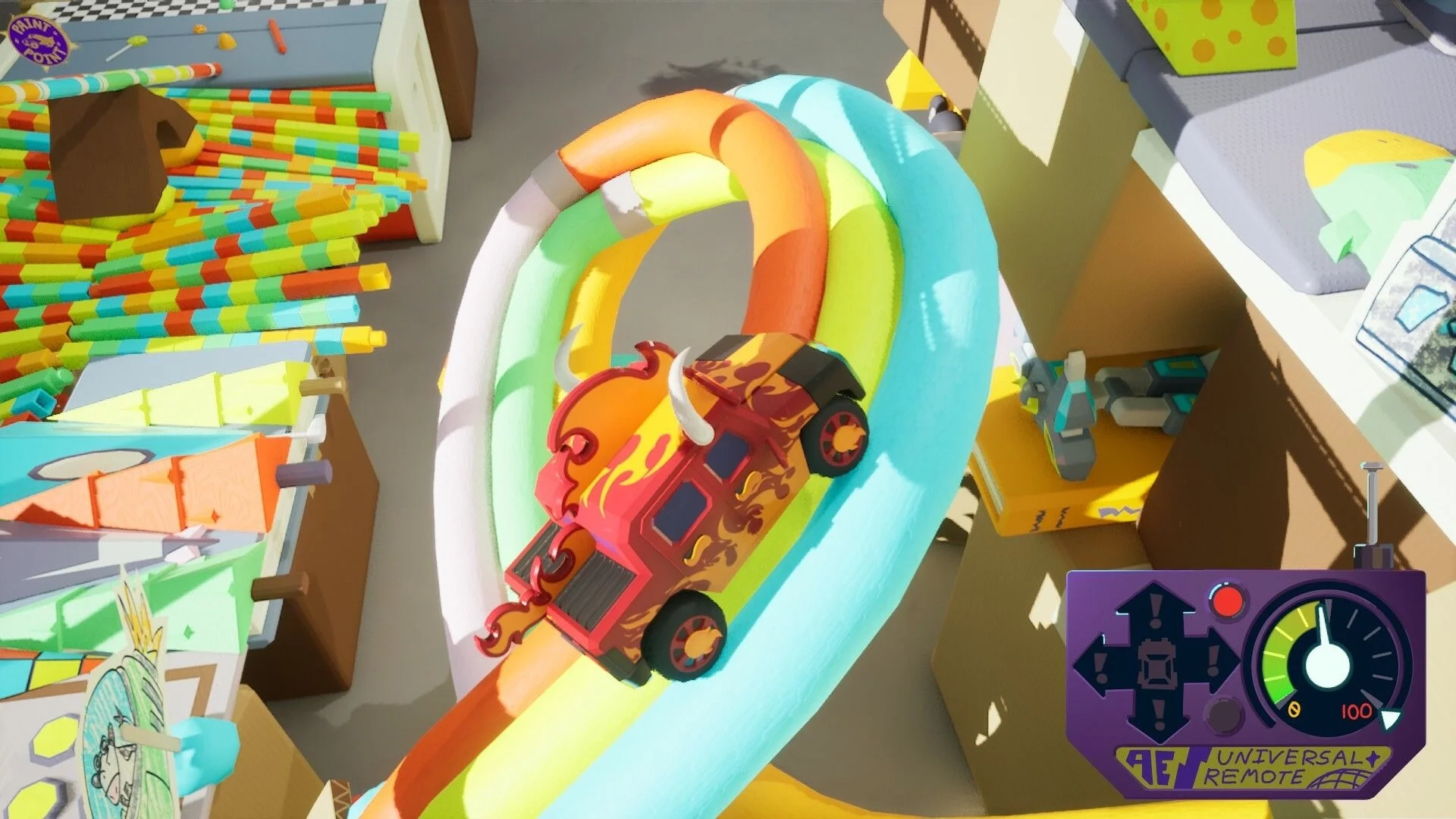 A flame-painted RC car drives around a colorful loop obstacle in Obstacle Overdrive.