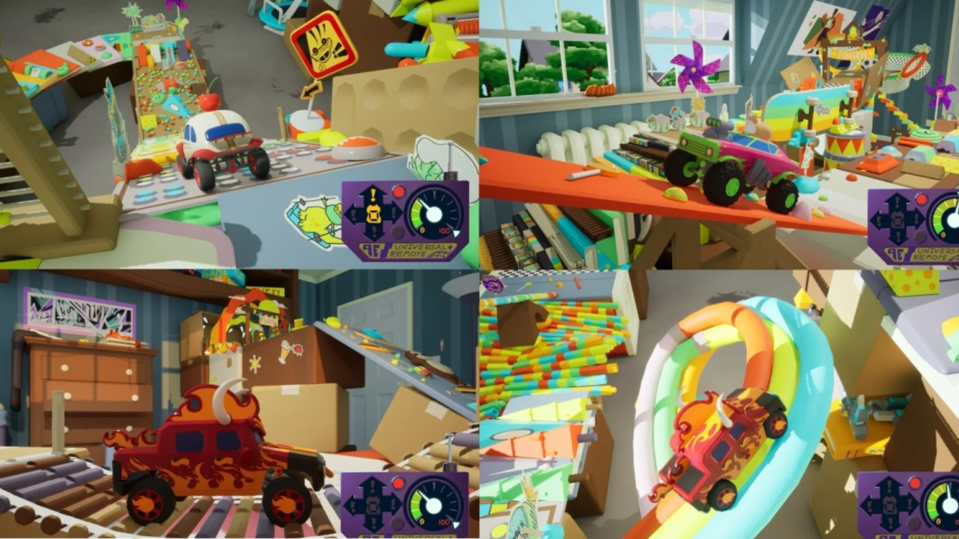 Four Obstacle Overdrive cars tackle colorful ramps, bridges, and loops built from toys and household objects.