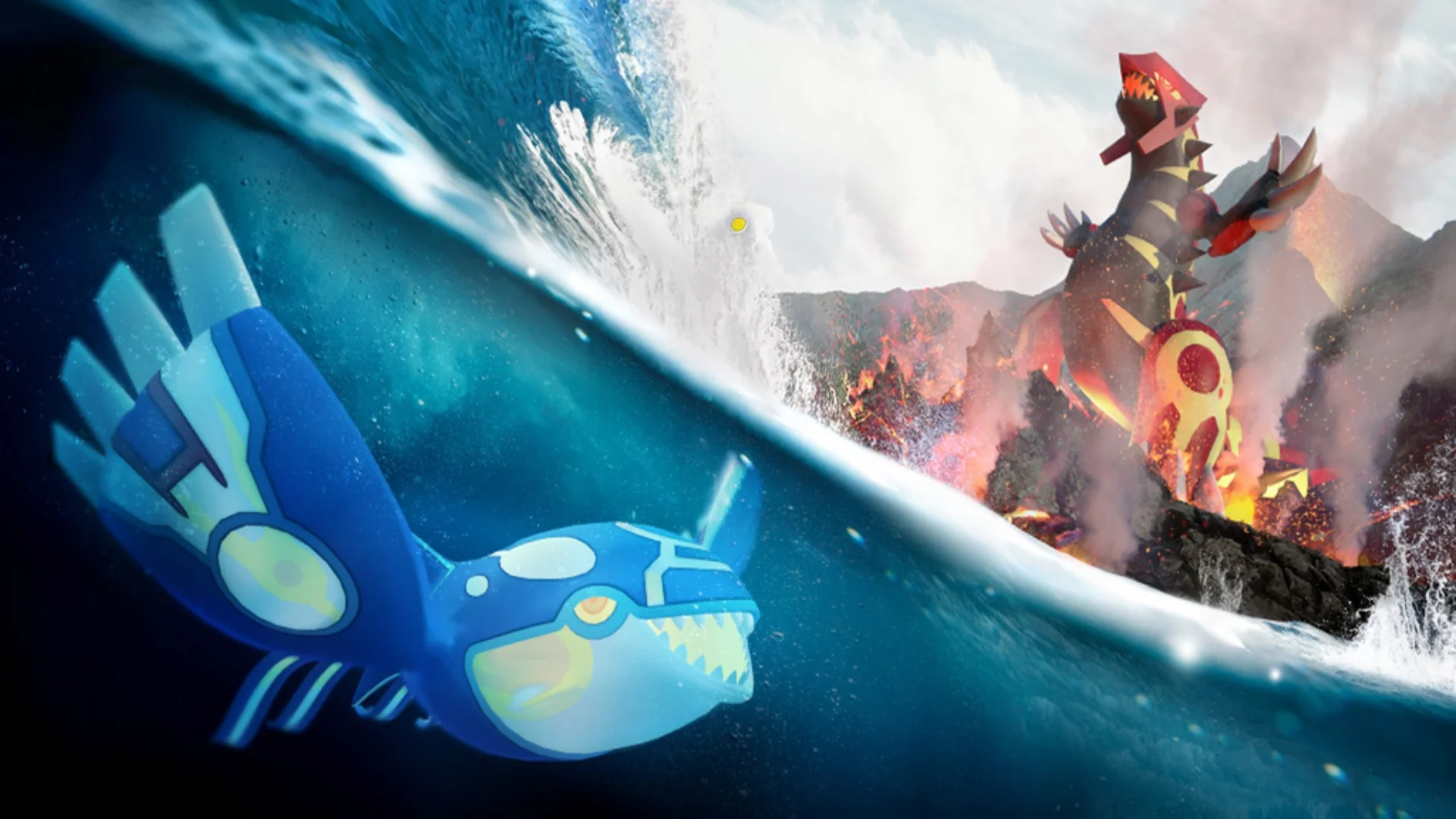 Kyogre swims beneath a breaking wave while Groudon stands amid volcanic rock and smoke.
