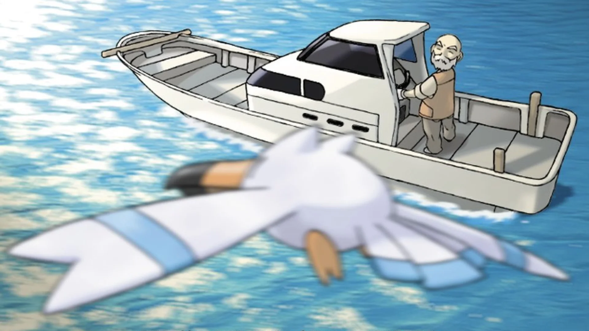 Peeko flies above the water toward Mr. Briney as he pilots a small boat.