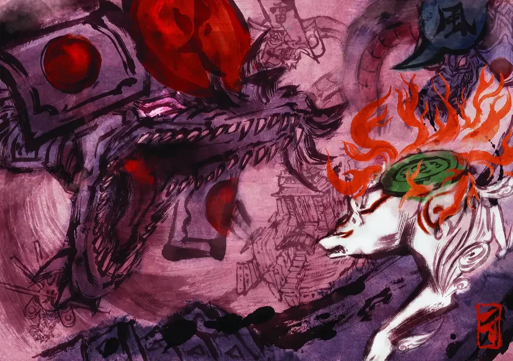 Amaterasu faces a massive red-eyed demon in a dramatic Japanese ink-wash illustration from Ōkami.