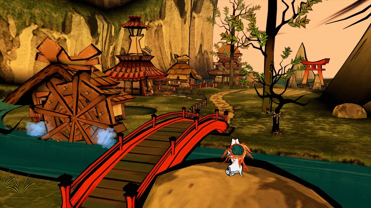 Amaterasu overlooks a Japanese village, river and red arched bridge in Ōkami.