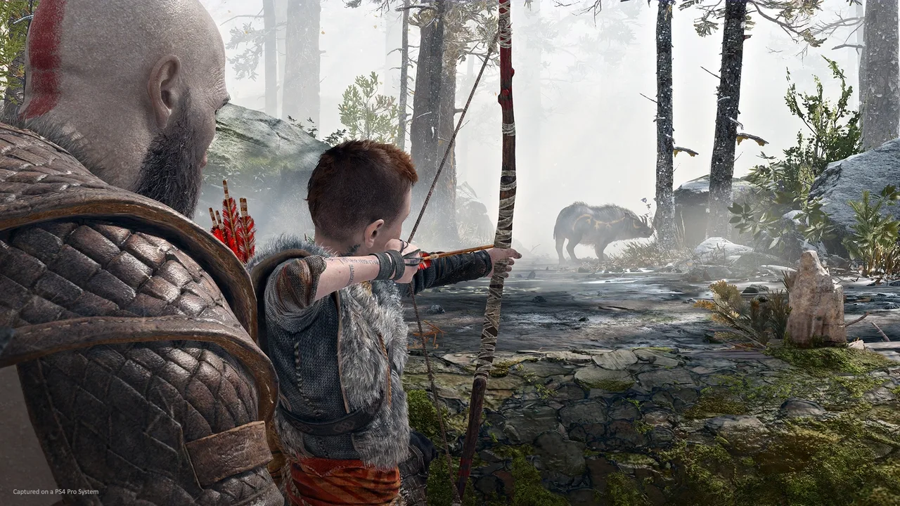 Atreus aiming his bow at a wild boar while Kratos watches in God of War.