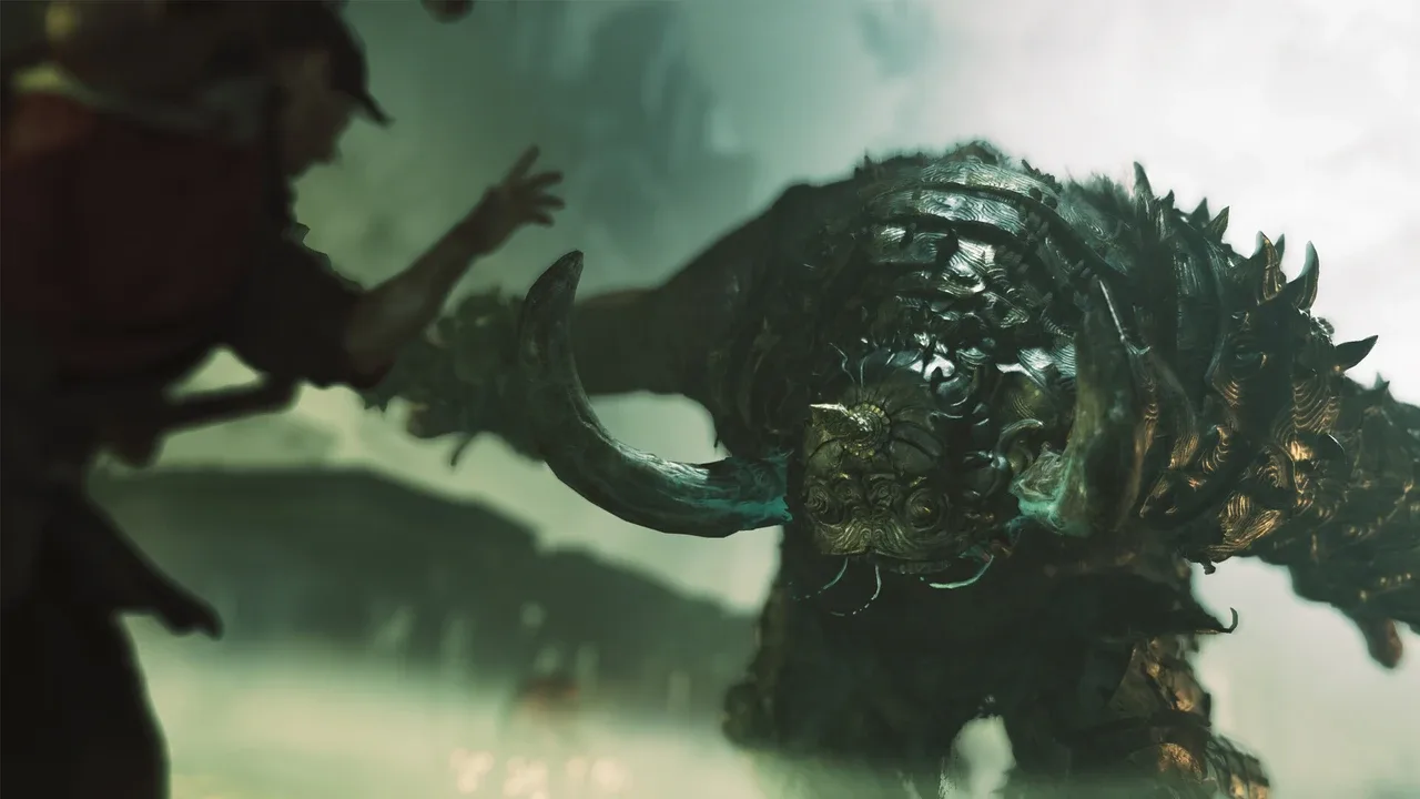 A warrior confronts a massive horned demon boss surrounded by green mist in Onimusha: Way of the Sword.