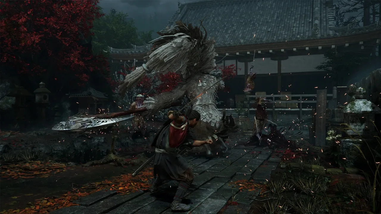 Miyamoto Musashi battles a towering armored Genma in a dark Kyoto temple courtyard in Onimusha: Way of the Sword.