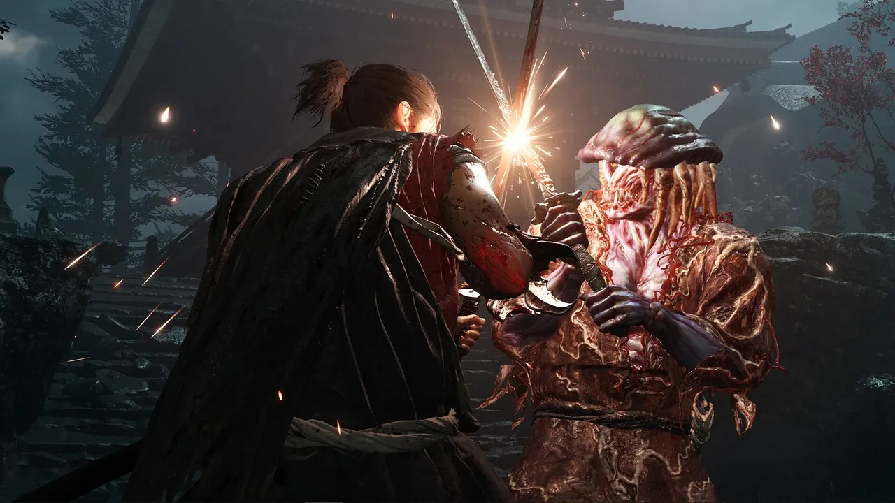 Miyamoto Musashi clashes swords with a grotesque humanoid Genma outside a Japanese temple.