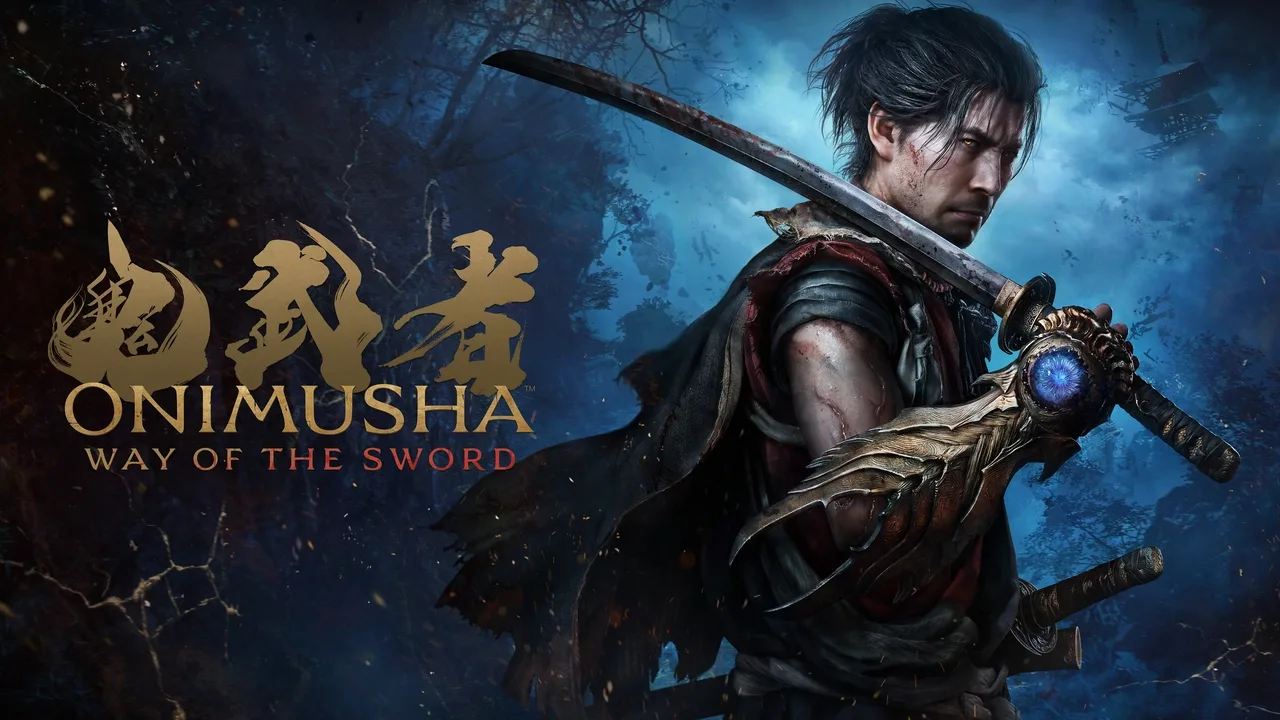 Miyamoto Musashi holding a katana and the Oni Gauntlet in key art for Onimusha: Way of the Sword.