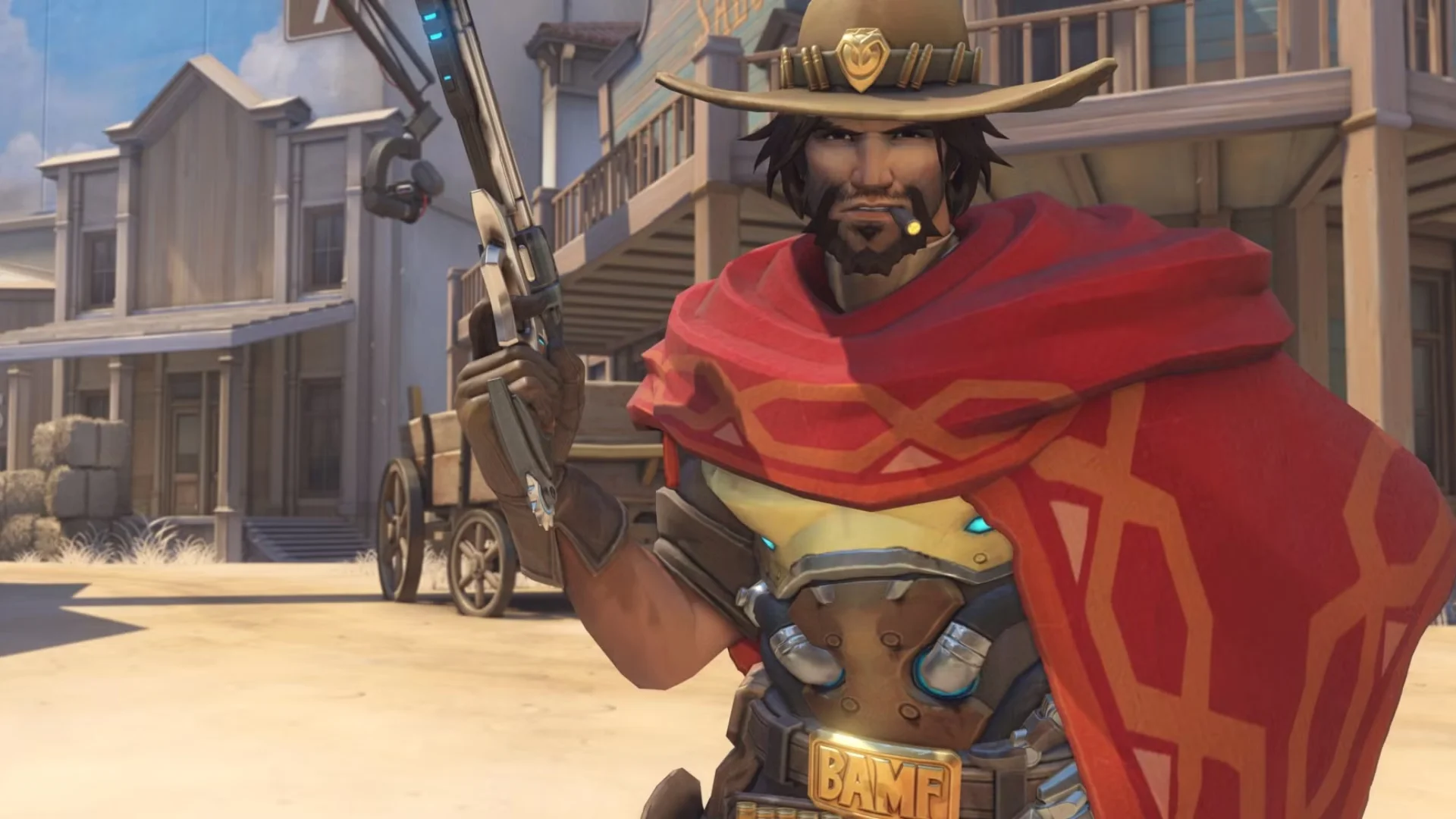 Cassidy holds his revolver while standing in a Western-style town in Overwatch.