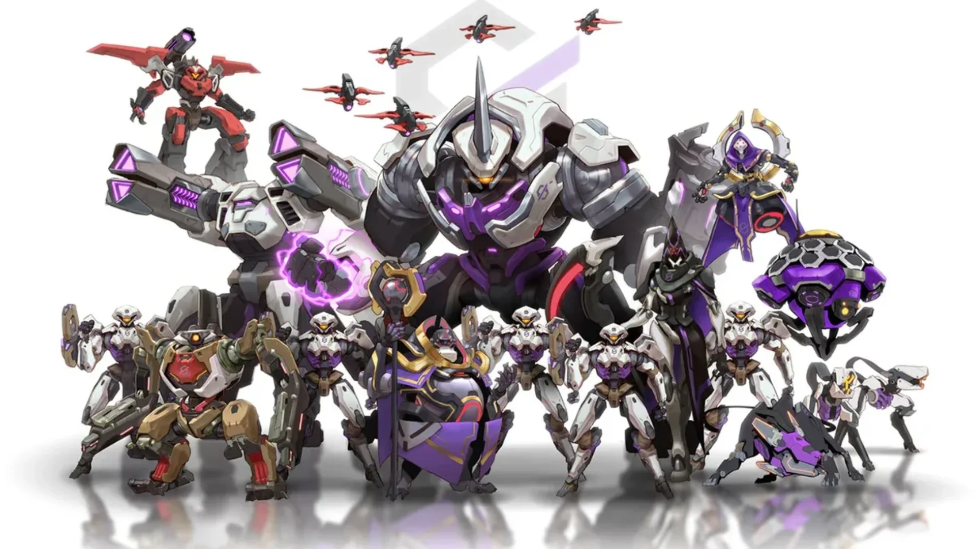 A lineup of robotic Overwatch enemies in white, purple, black and red armor stands against a white background.