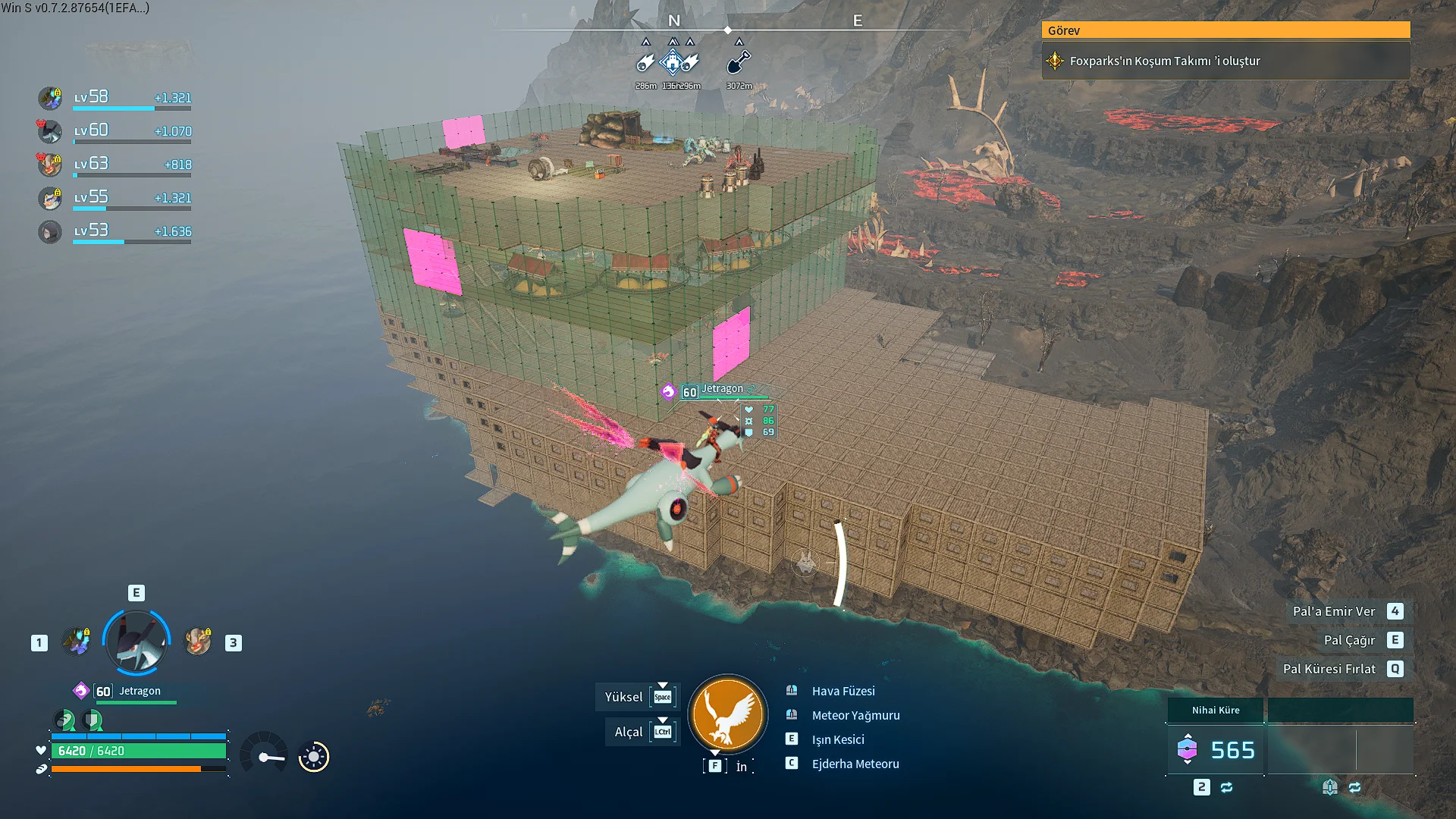Palworld gameplay showing Jetragon flying above a large player-built base