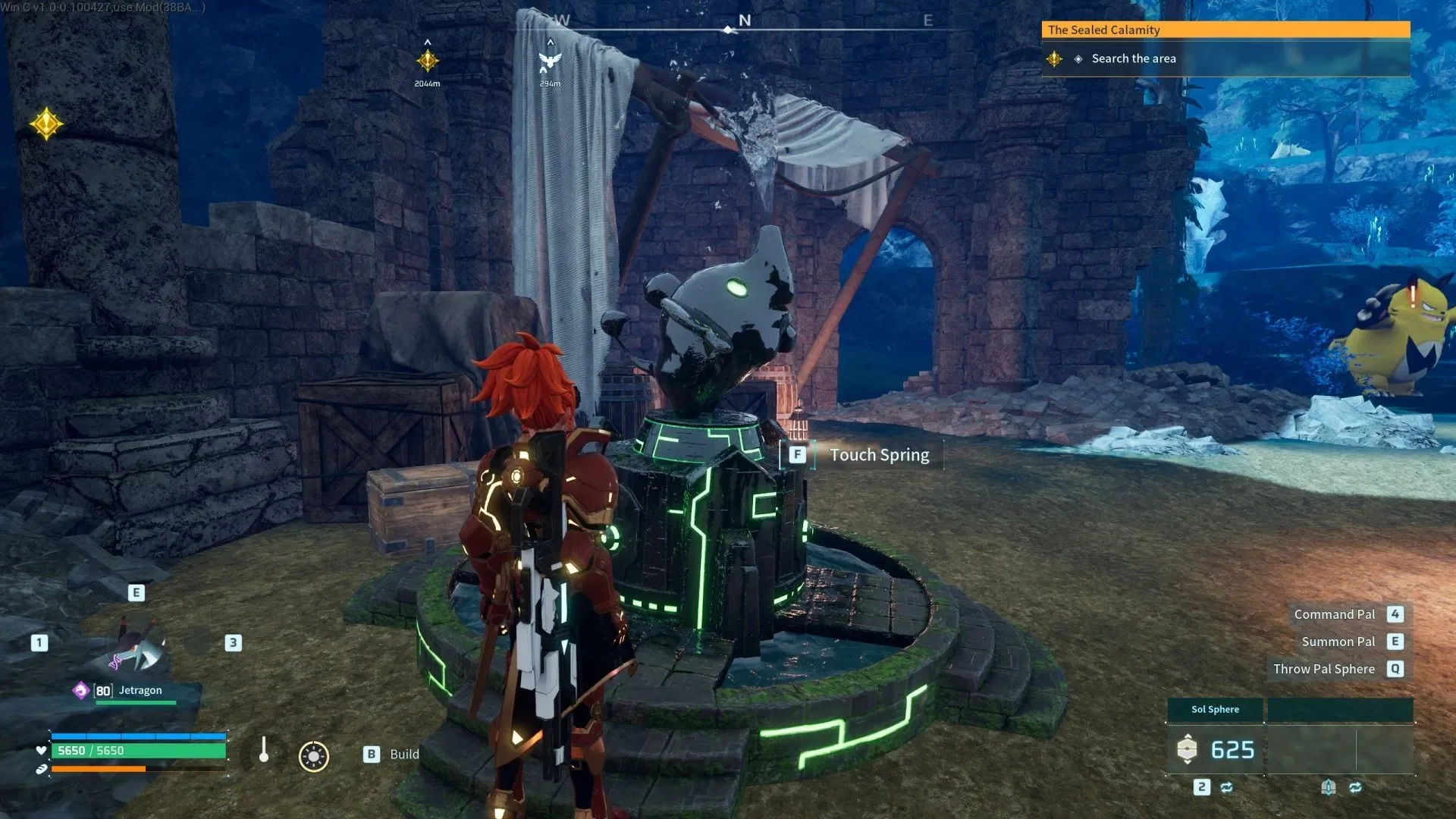 Palworld gameplay showing a player collecting World Tree Holy Water
