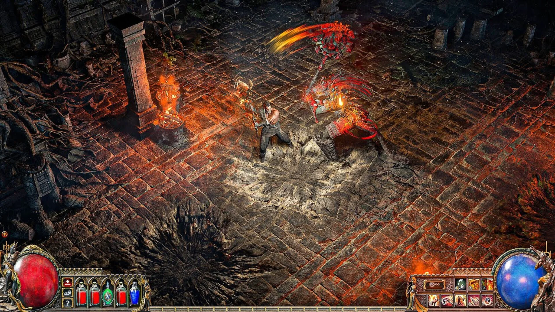 Path of Exile 2 character fighting enemies inside a dark dungeon.