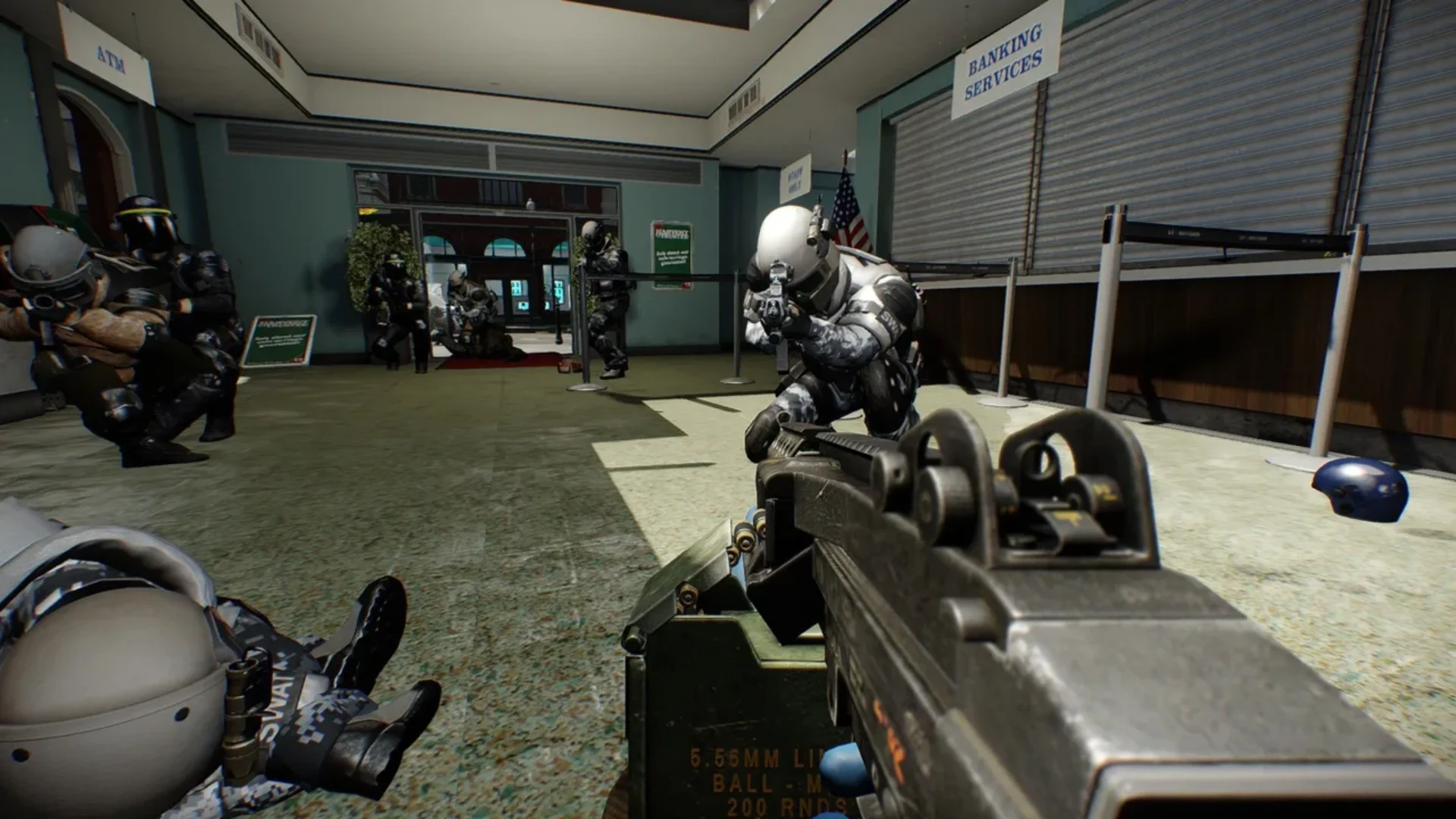 Payday 2 player aims a rifle at armored police during an outdoor firefight.