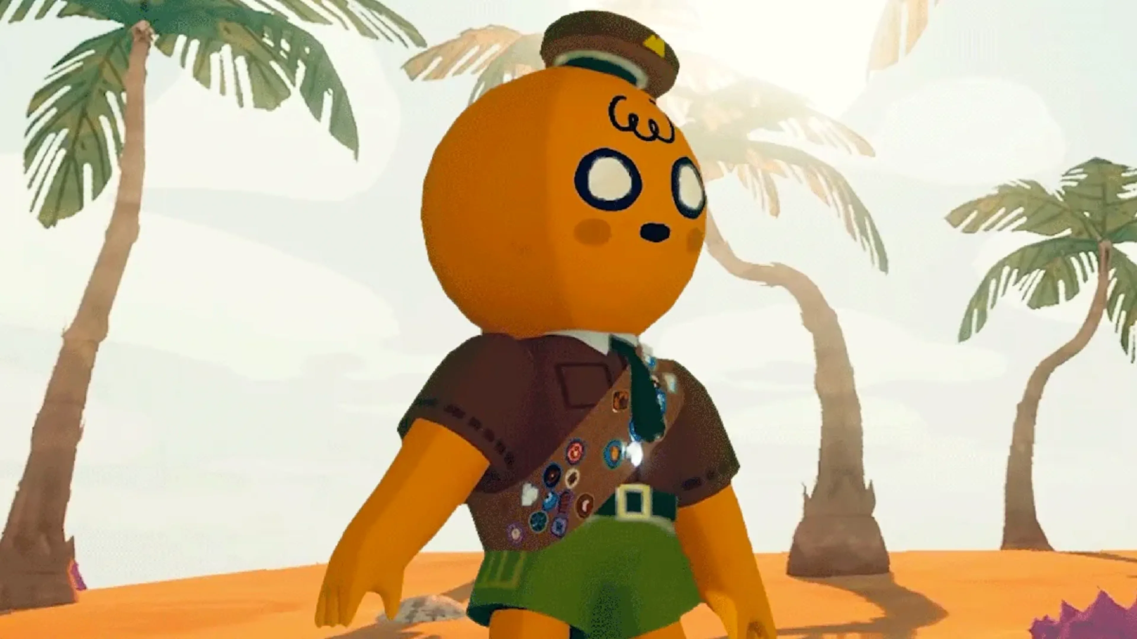 An orange PEAK scout character wears a brown badge-covered uniform, green shorts and a scout hat surrounded by palm trees.