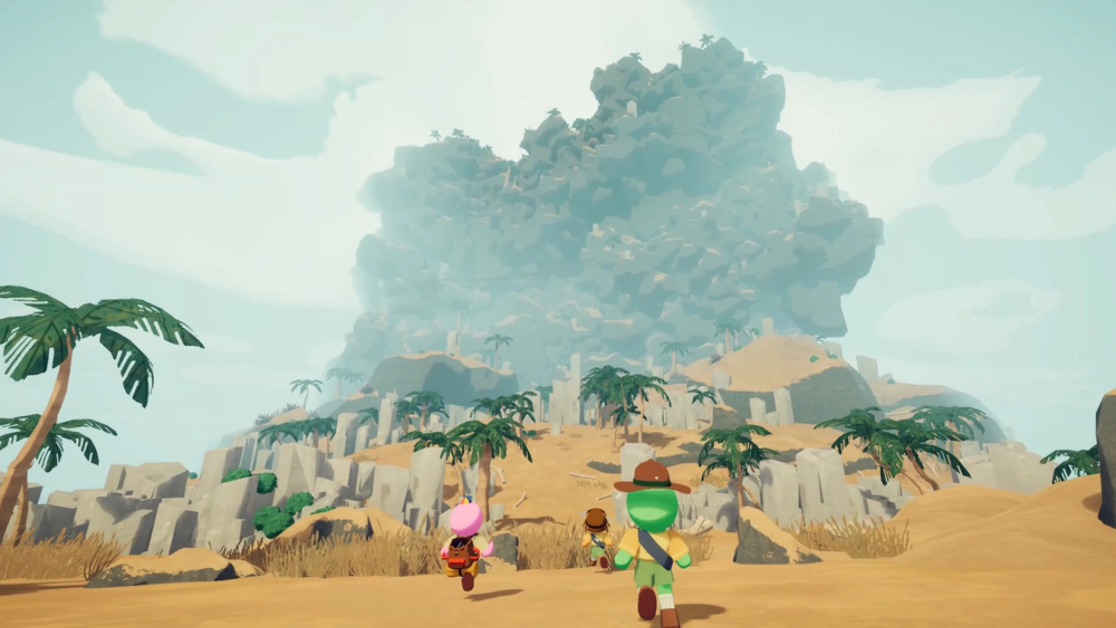 Three PEAK scout characters run across a sandy tropical landscape toward a towering rocky mountain surrounded by palm trees.
