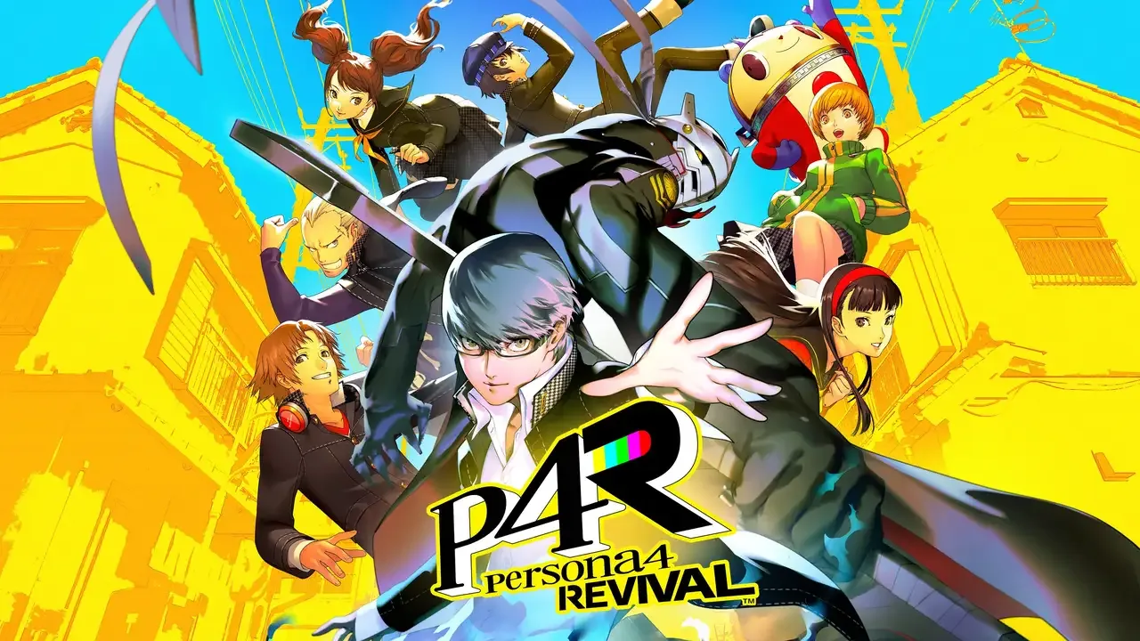Persona 4 Revival promotional artwork featuring the protagonist and Investigation Team characters against a bright yellow and blue background.