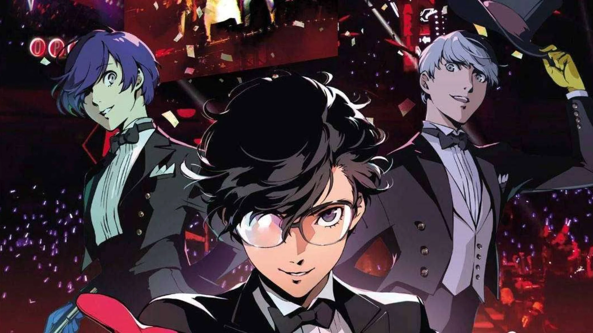 Persona 3 protagonist and Joker from Persona 5 appear over blue, black, and red graphic shapes.