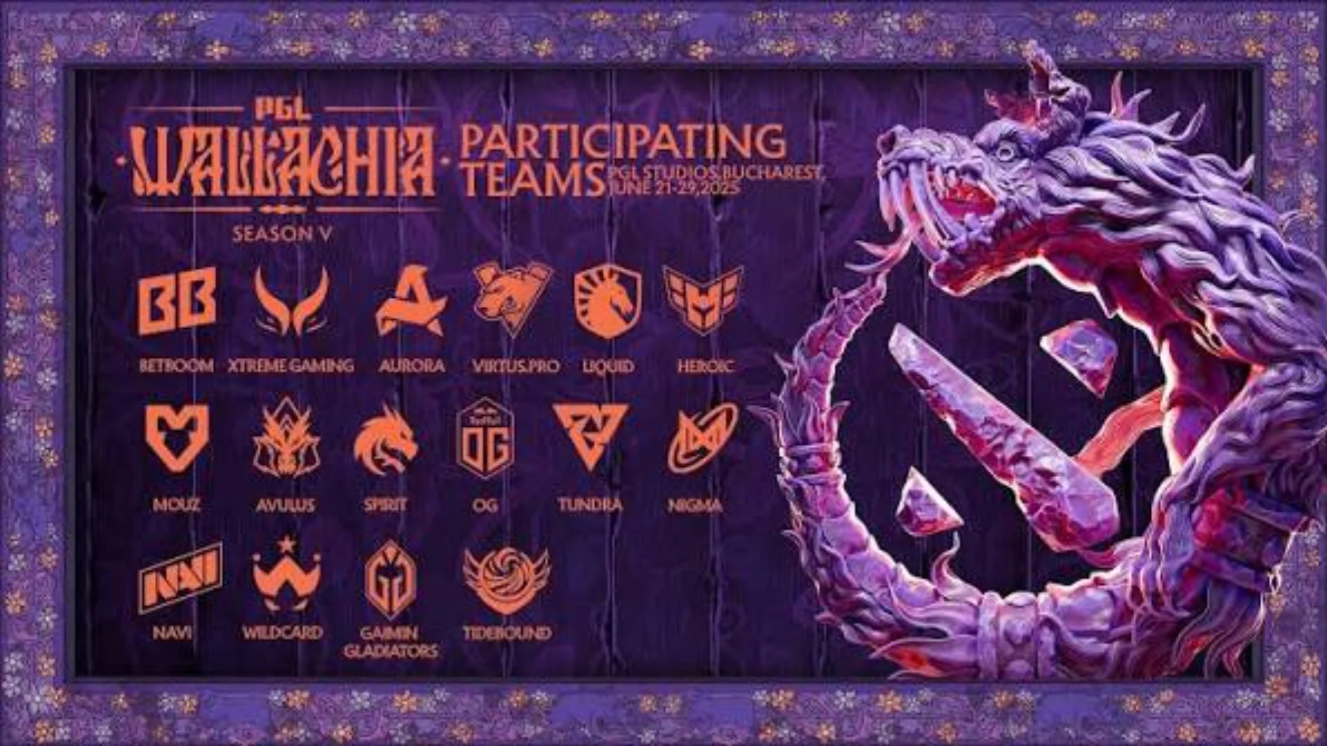 PGL Wallachia Season V graphic displays participating team logos beside fantasy creature artwork.