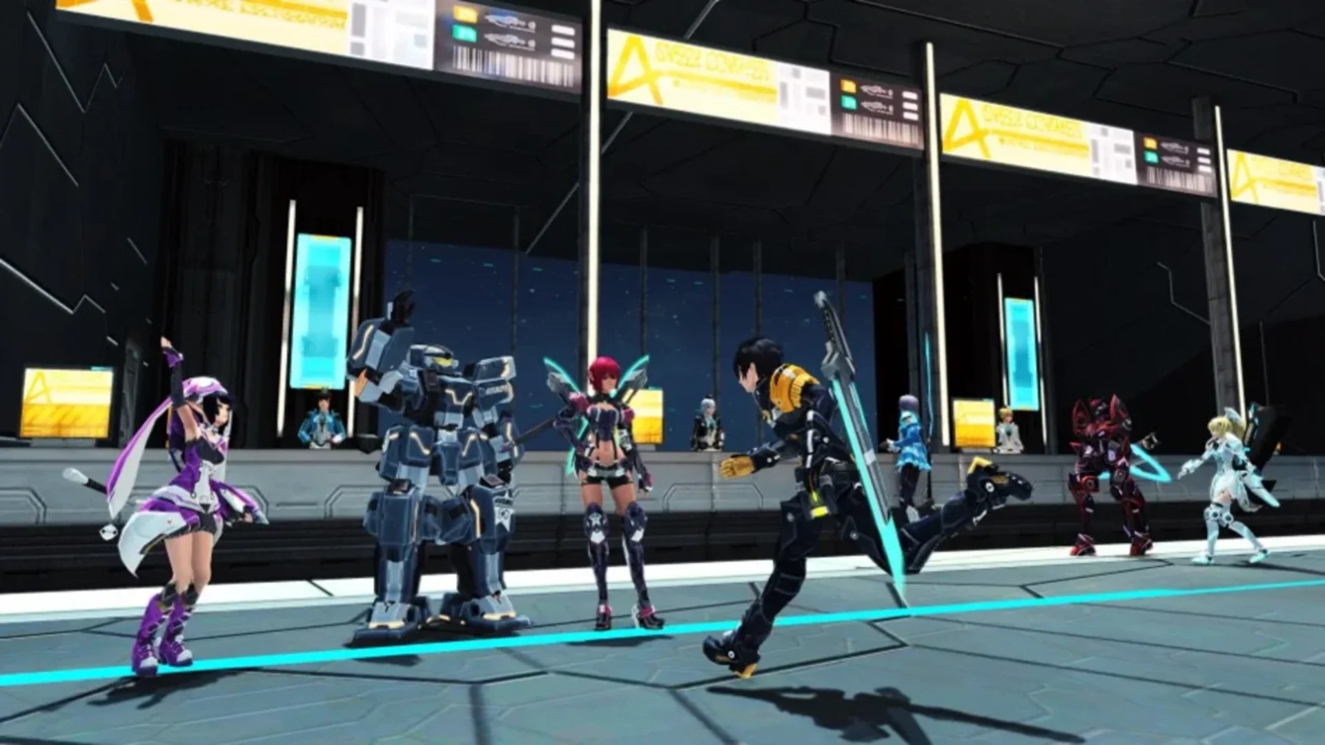 Phantasy Star Online 2 characters gather inside a futuristic ARKS lobby area.