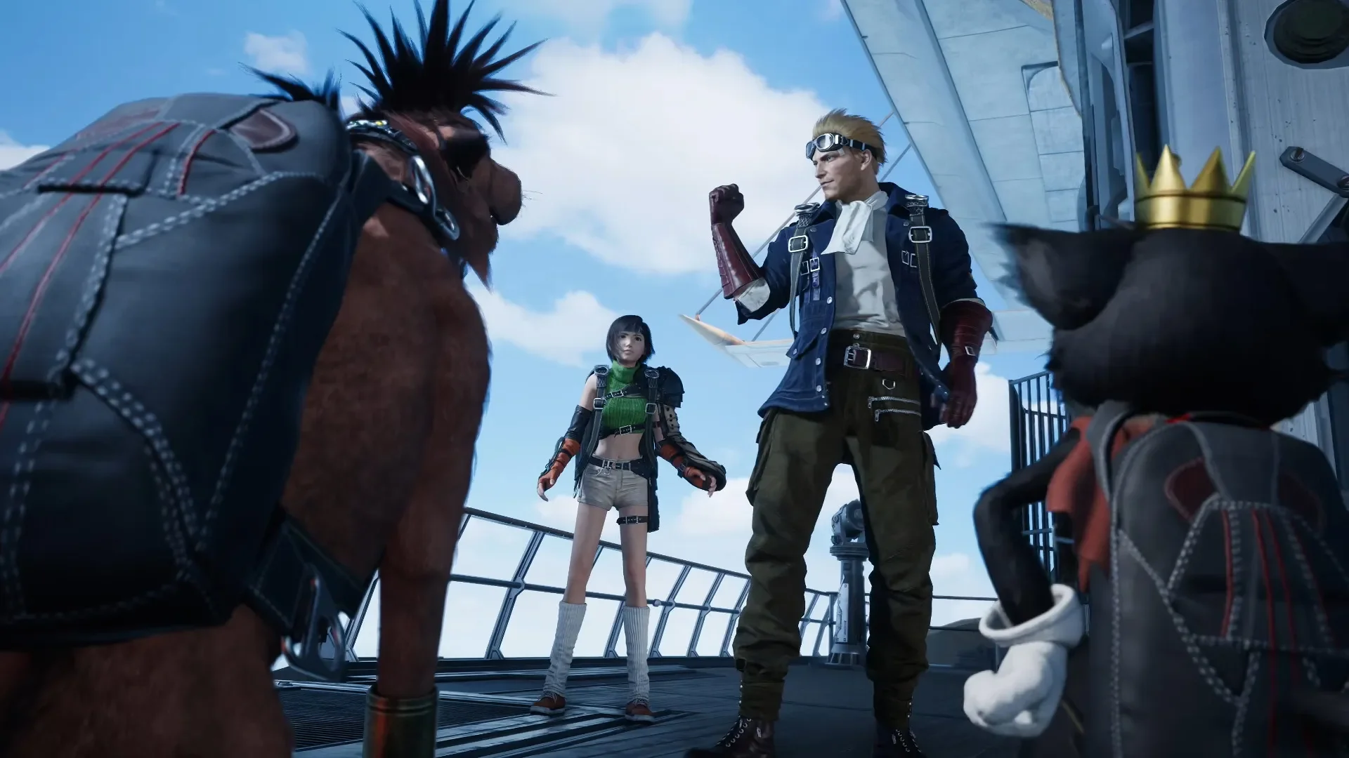 Cid and Yuffie stand on an airship deck with Cait Sith and Red XIII in Final Fantasy VII Revelation.
