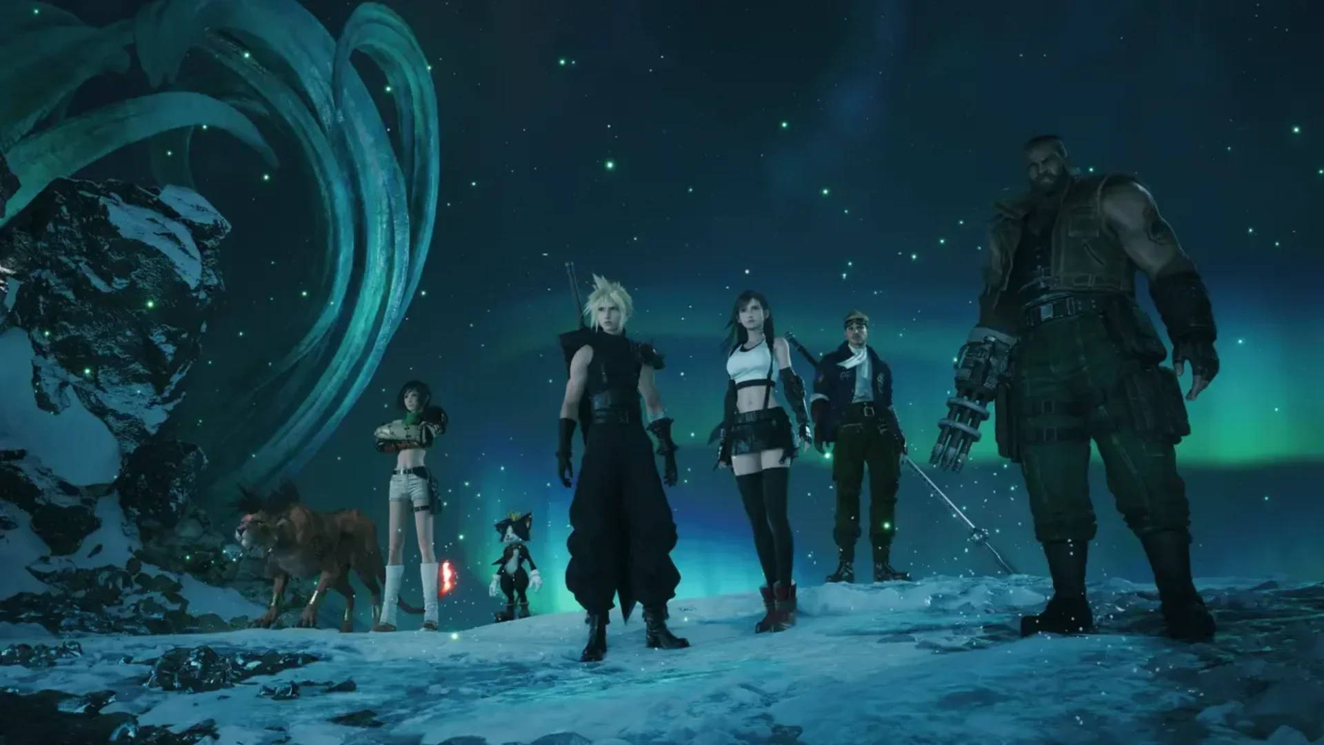 Cloud, Tifa, Yuffie, Cait Sith, Cid, Barret and Red XIII stand together in a snowy Final Fantasy VII Revelation scene.