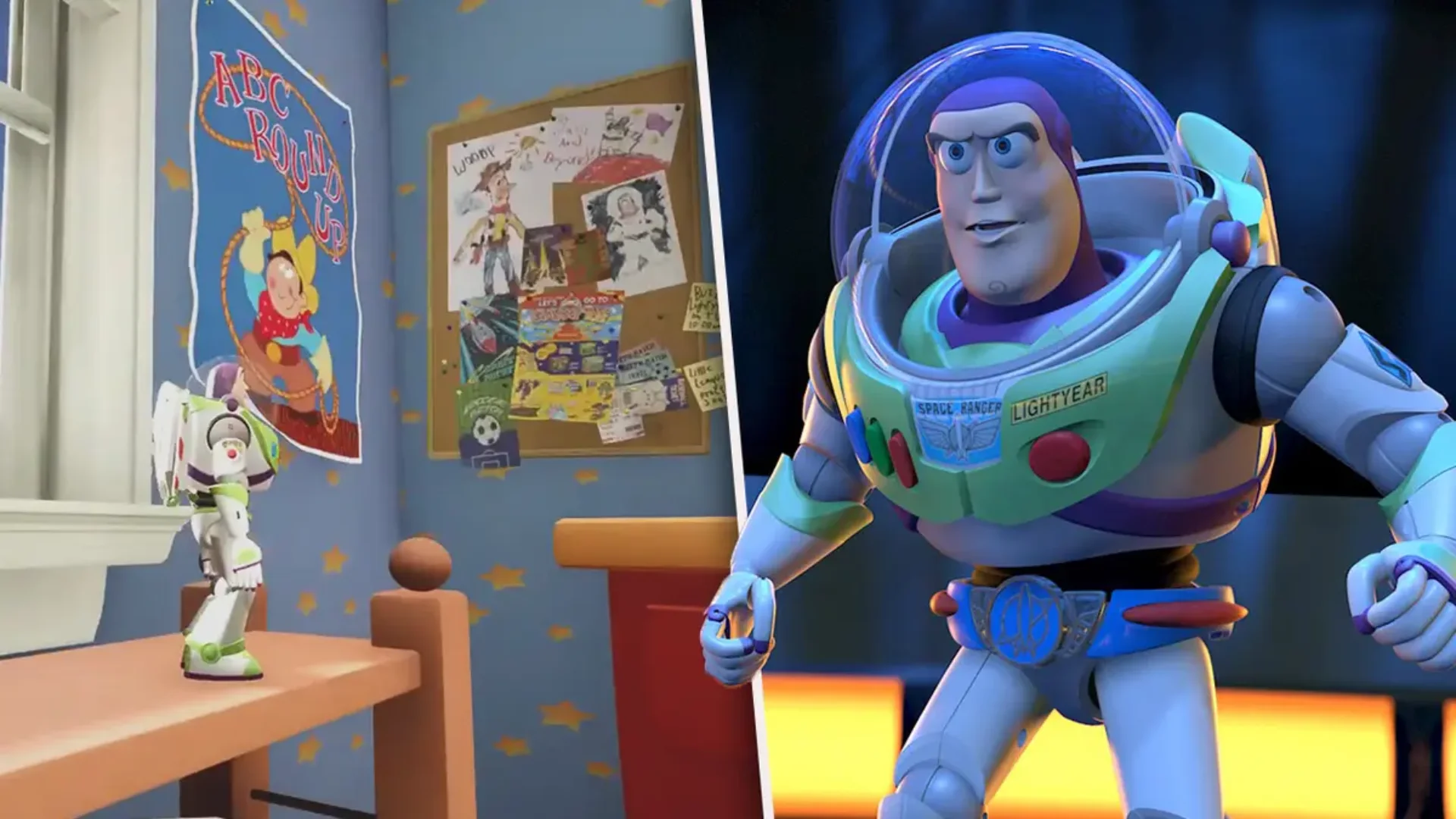 Buzz Lightyear appears in scenes from Toy Story 2 and Toy Story 3, shown side by side.