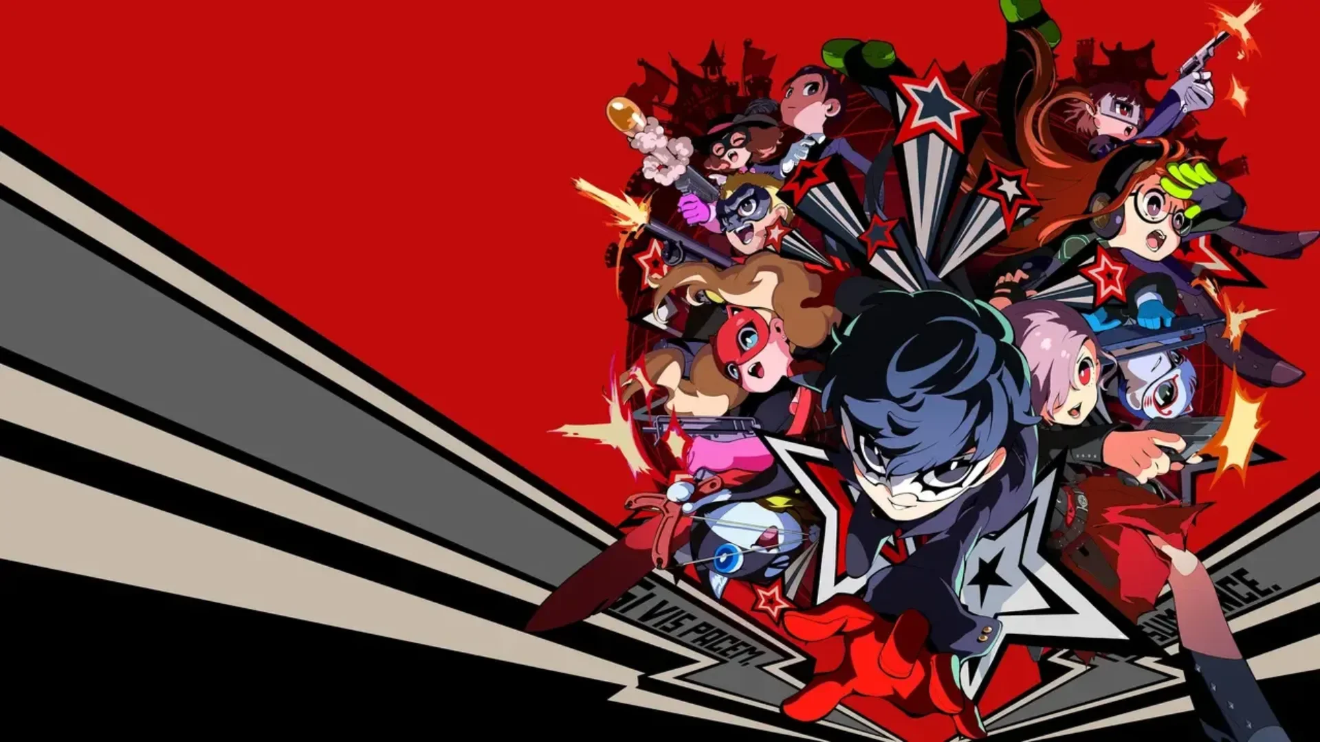 Persona 5 Tactica artwork shows Joker and the Phantom Thieves charging forward against a red background.