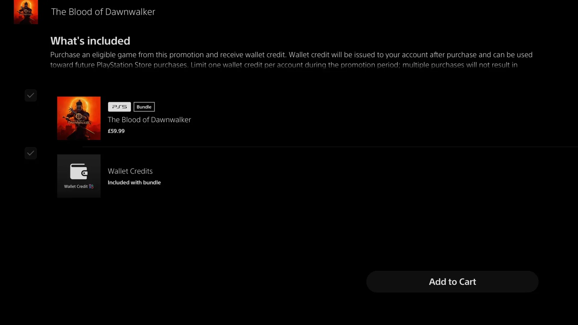 A PlayStation Store listing shows The Blood of Dawnwalker bundled with Wallet Credits on PS5.