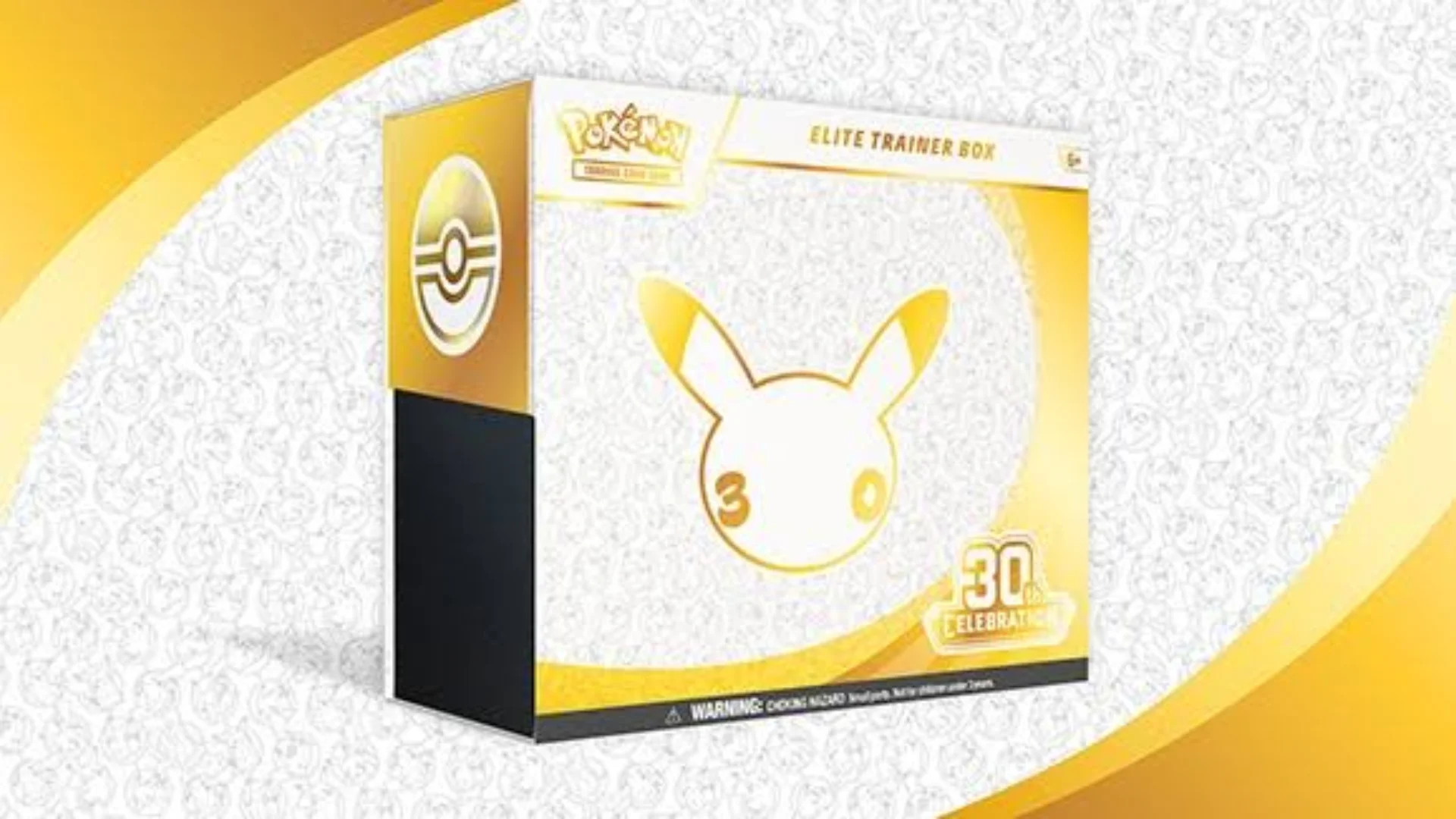 Pokémon TCG 30th Celebration Elite Trainer Box features a white and gold design with a Pikachu anniversary logo.