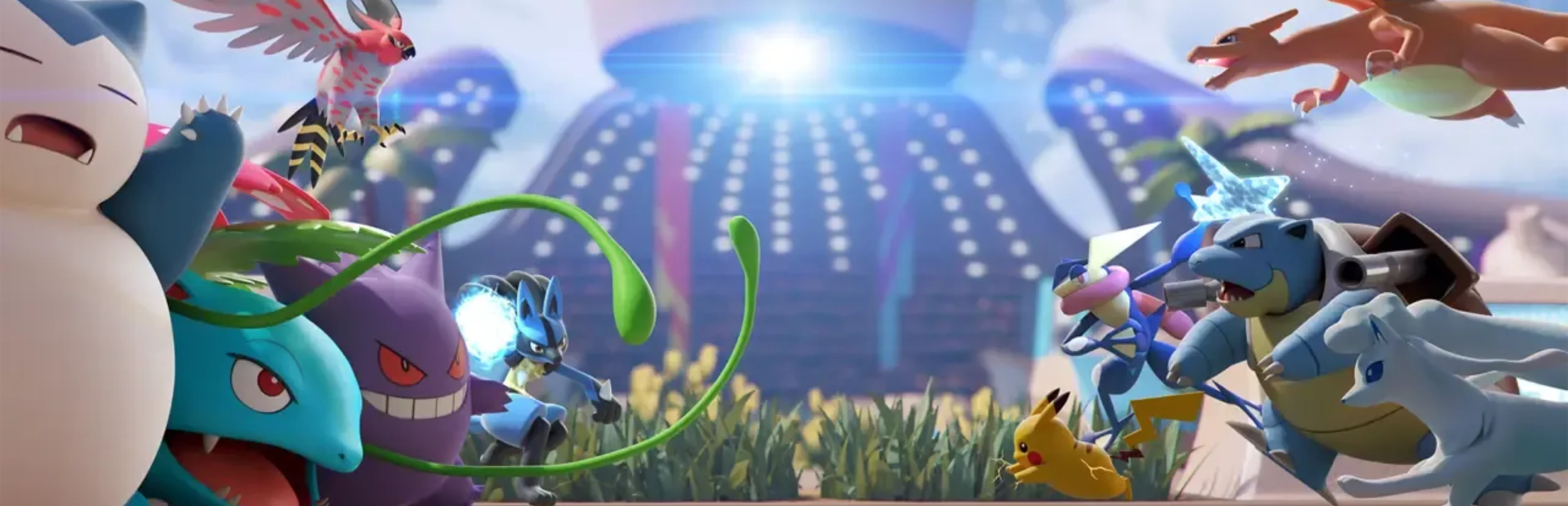 Pokémon Unite artwork featuring Pikachu, Charizard, Blastoise, Gengar, Lucario and other Pokémon gathered in a battle arena.