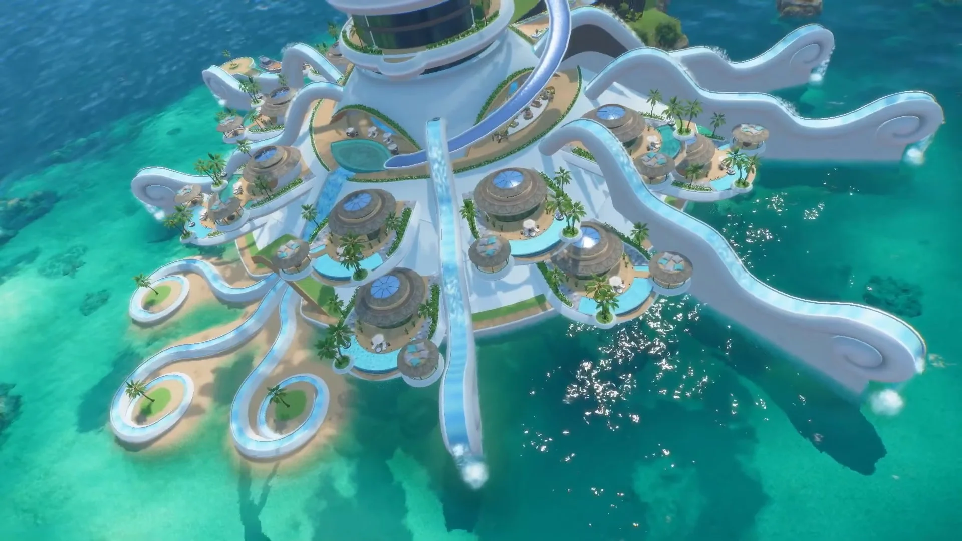 A large white resort complex stretches across tropical ocean water in alleged Pokémon Winds and Waves beta footage.