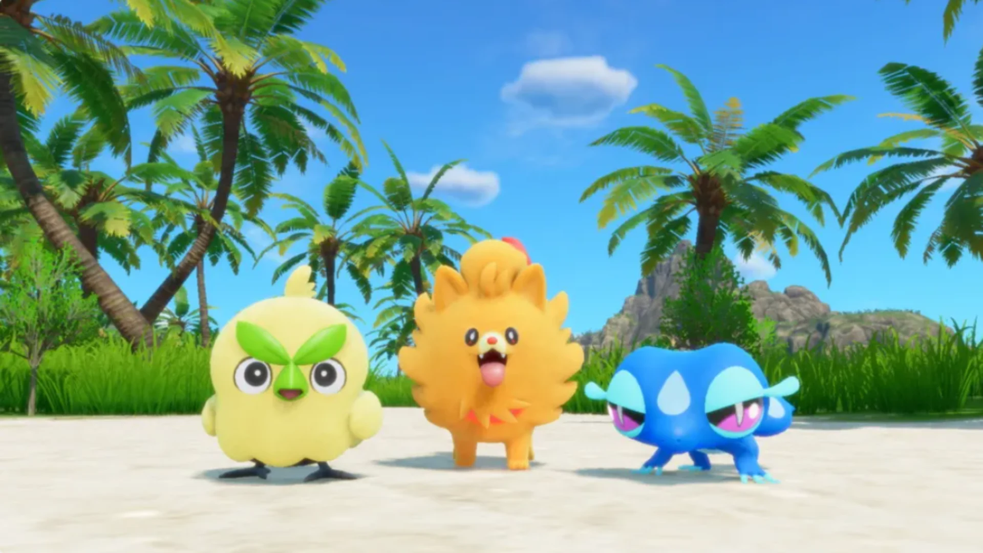 Browt, Pombon and Gecqua stand together on a tropical beach in Pokémon Winds and Waves.