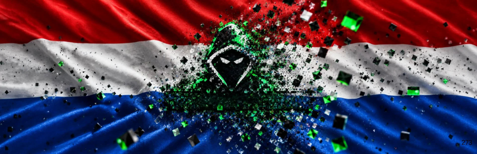 A hooded hacker symbol breaks apart into green and black fragments over the red, white and blue Netherlands flag.