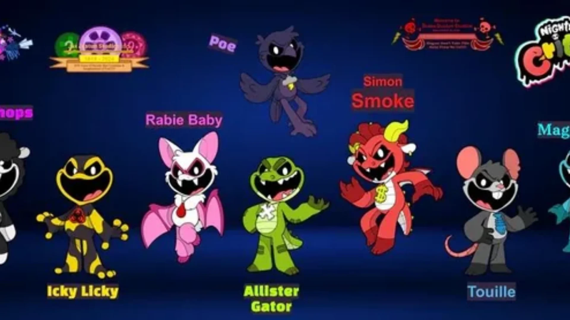Several colorful Smiling Critters characters appear together against a dark background