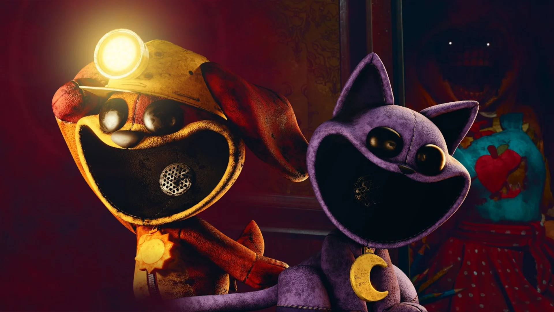 DogDay and CatNap stand together inside a dark Playtime Co. environment