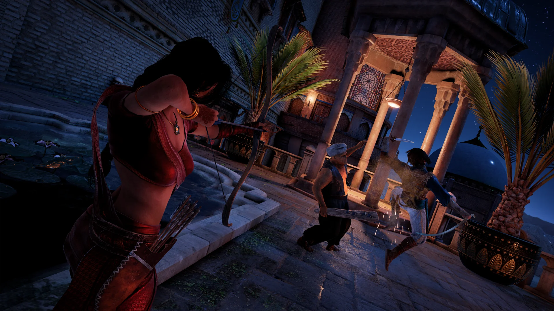 Farah aims a bow as the Prince fights an enemy in a moonlit courtyard in The Sands of Time Remake.