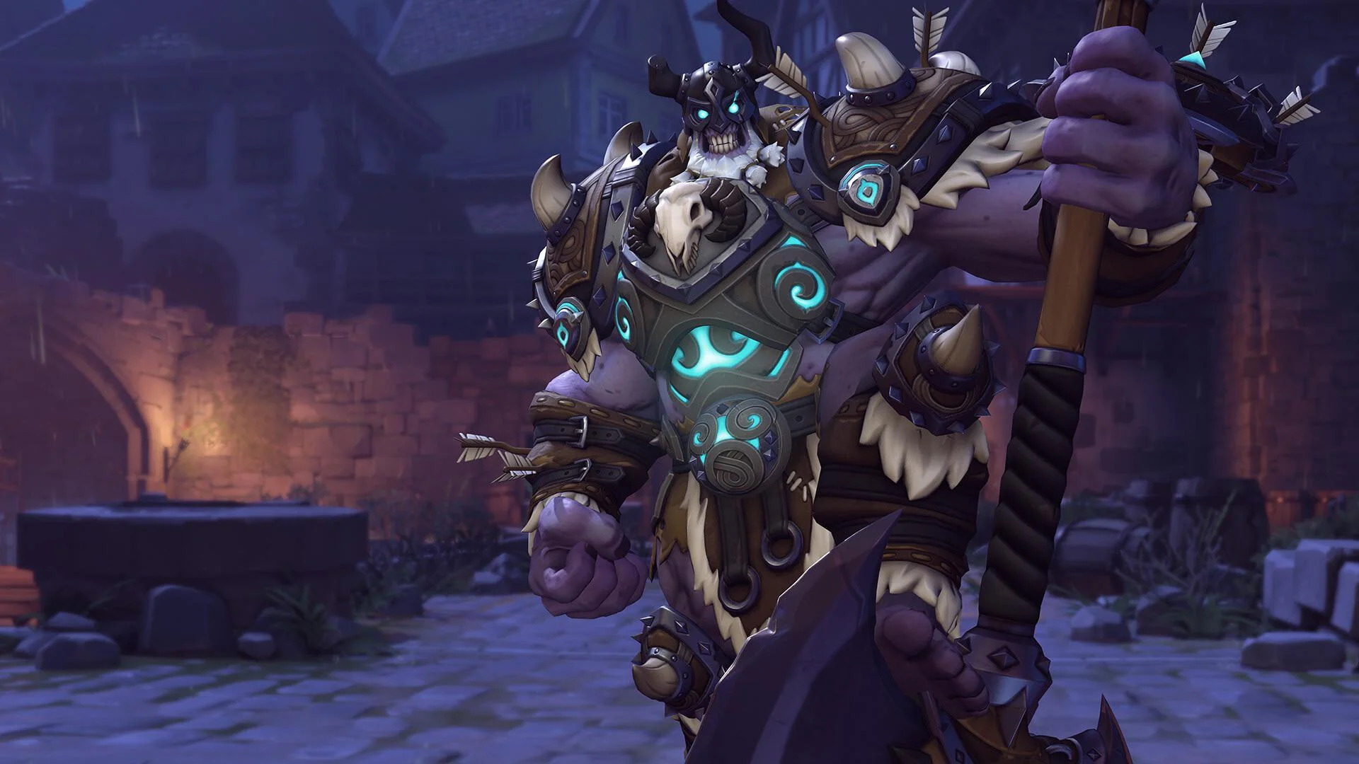 Reinhardt wearing an undead Viking-inspired Legendary skin with horned armor, a skull helmet, and a large weapon in Overwatch.