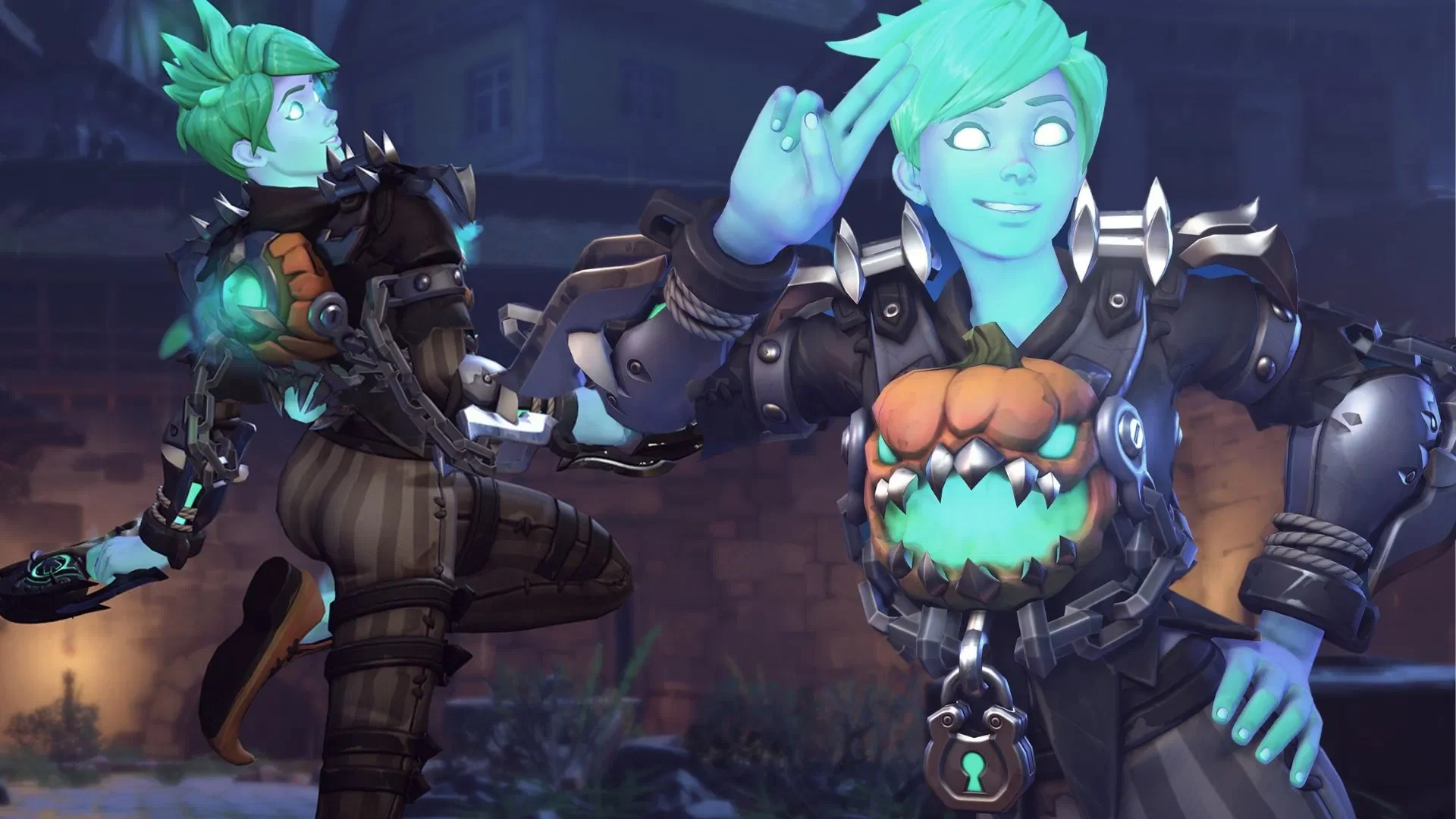 Two ghostly blue-skinned Overwatch characters with green hair and glowing Halloween-themed armor.