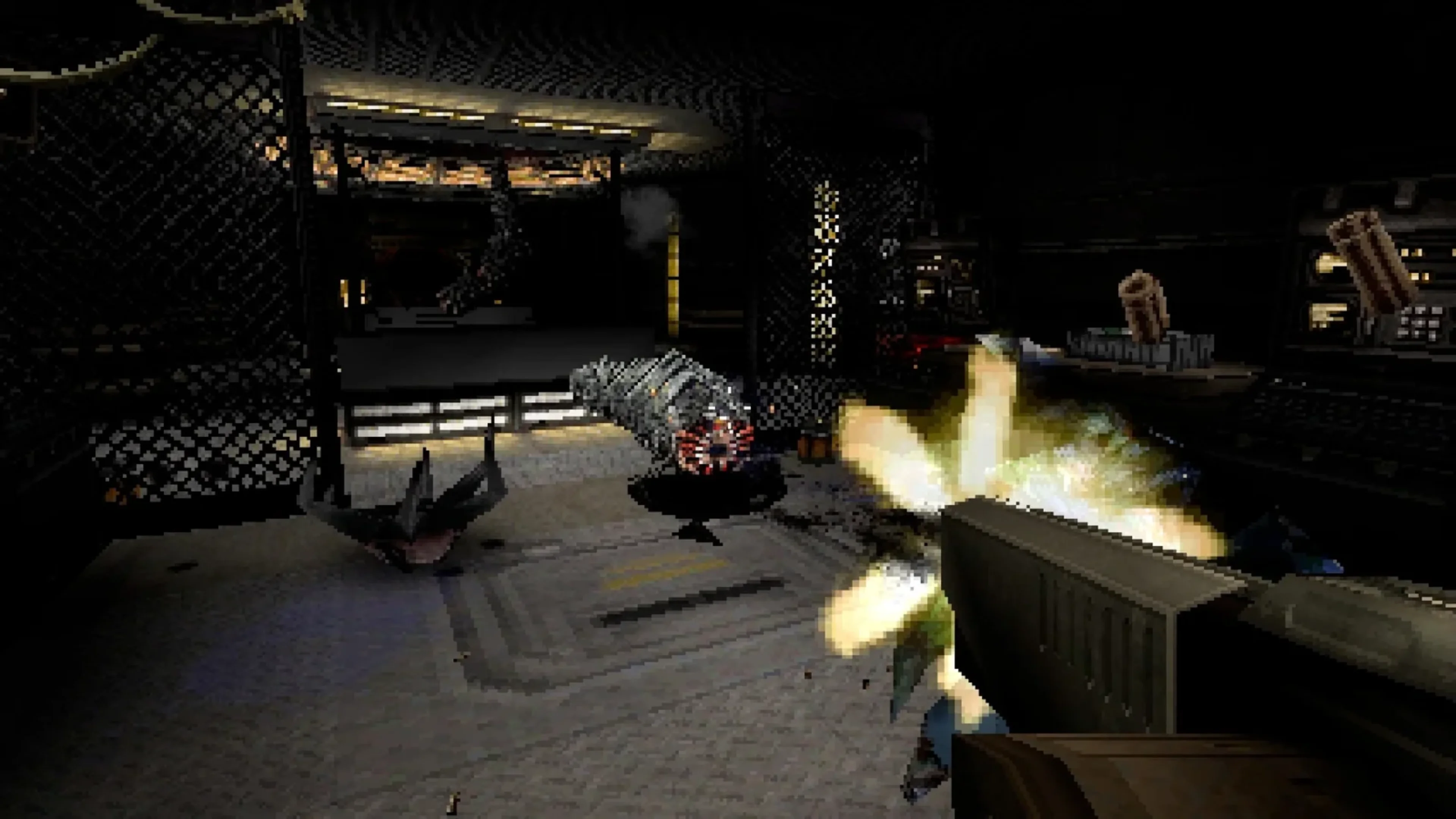 DERELIKT gameplay shows a first-person weapon firing at a hostile creature inside a dark industrial research station.